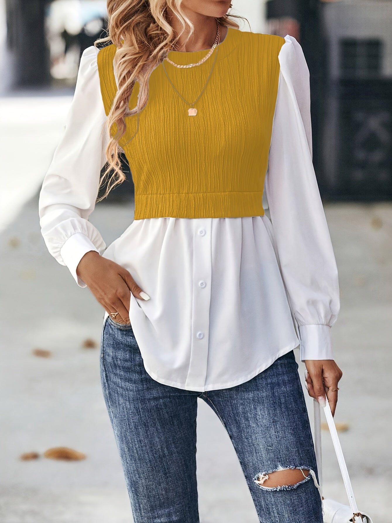 gbolsos Color Block Stitching Blouse, Elegant Crew Neck Long Sleeve Blouse, Women's Clothing