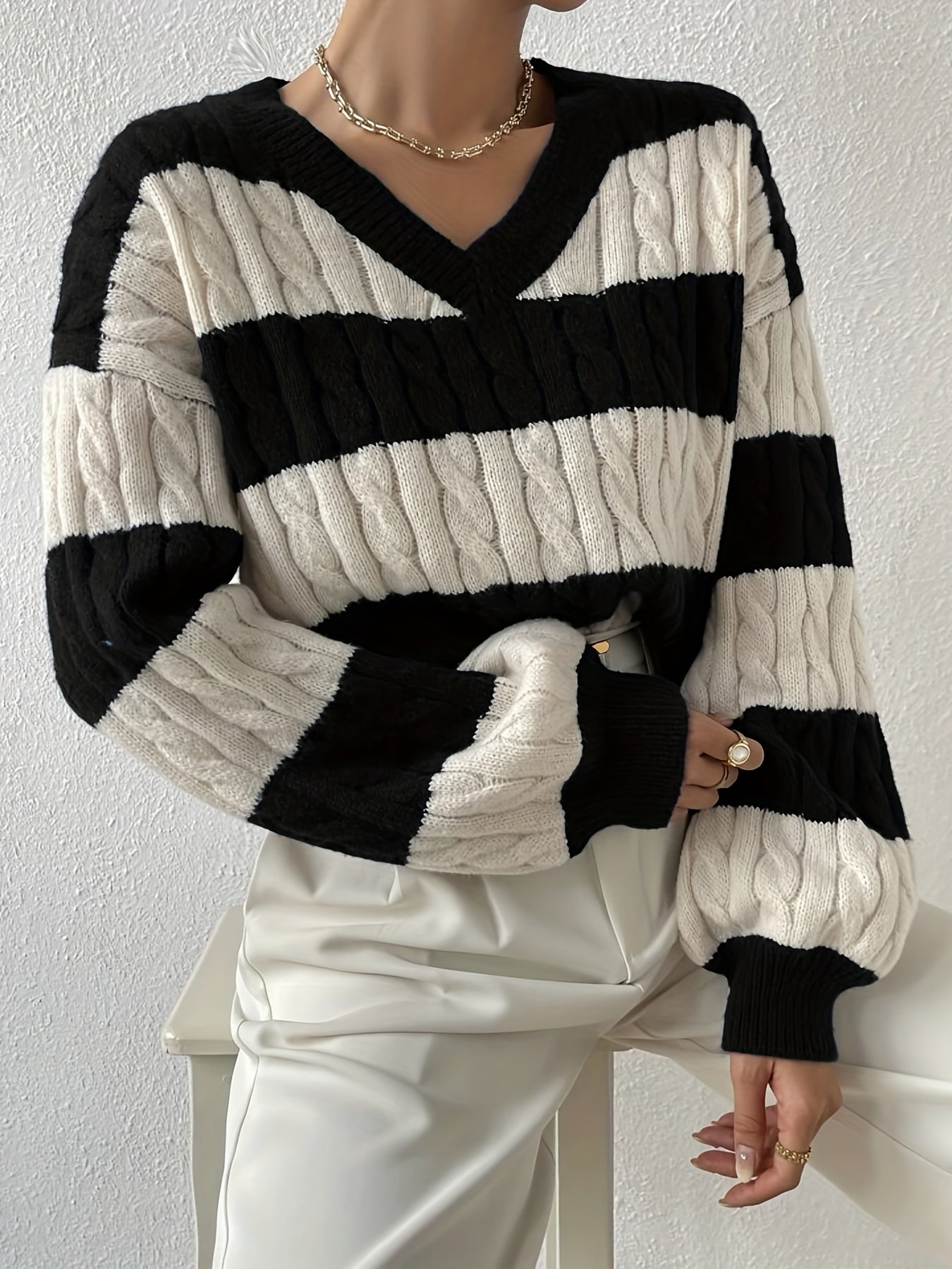 gbolsos Color Block Drop Shoulder Sweater, Casual Long Sleeve Sweater For Fall & Winter, Women's Clothing