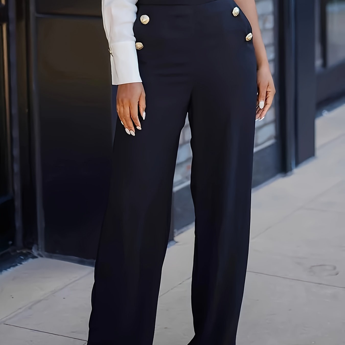 gbolsos Solid Button Decor Wide Leg Pants, Casual High Waist Pants, Women's Clothing