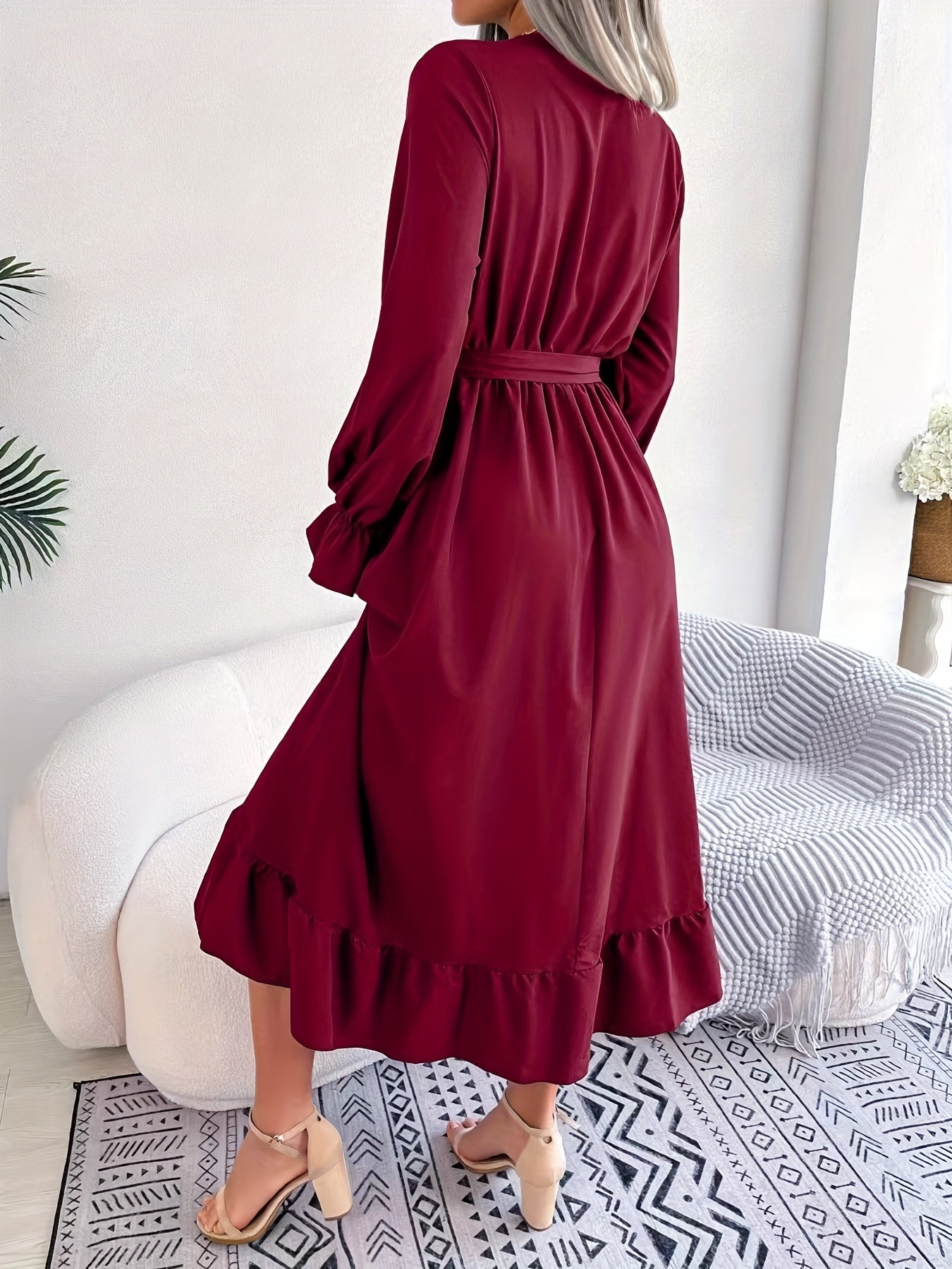 gbolsos Guipure Lace Ruched Dress, Casual V Neck Long Sleeve Ruffle Hem Dress, Women's Clothing