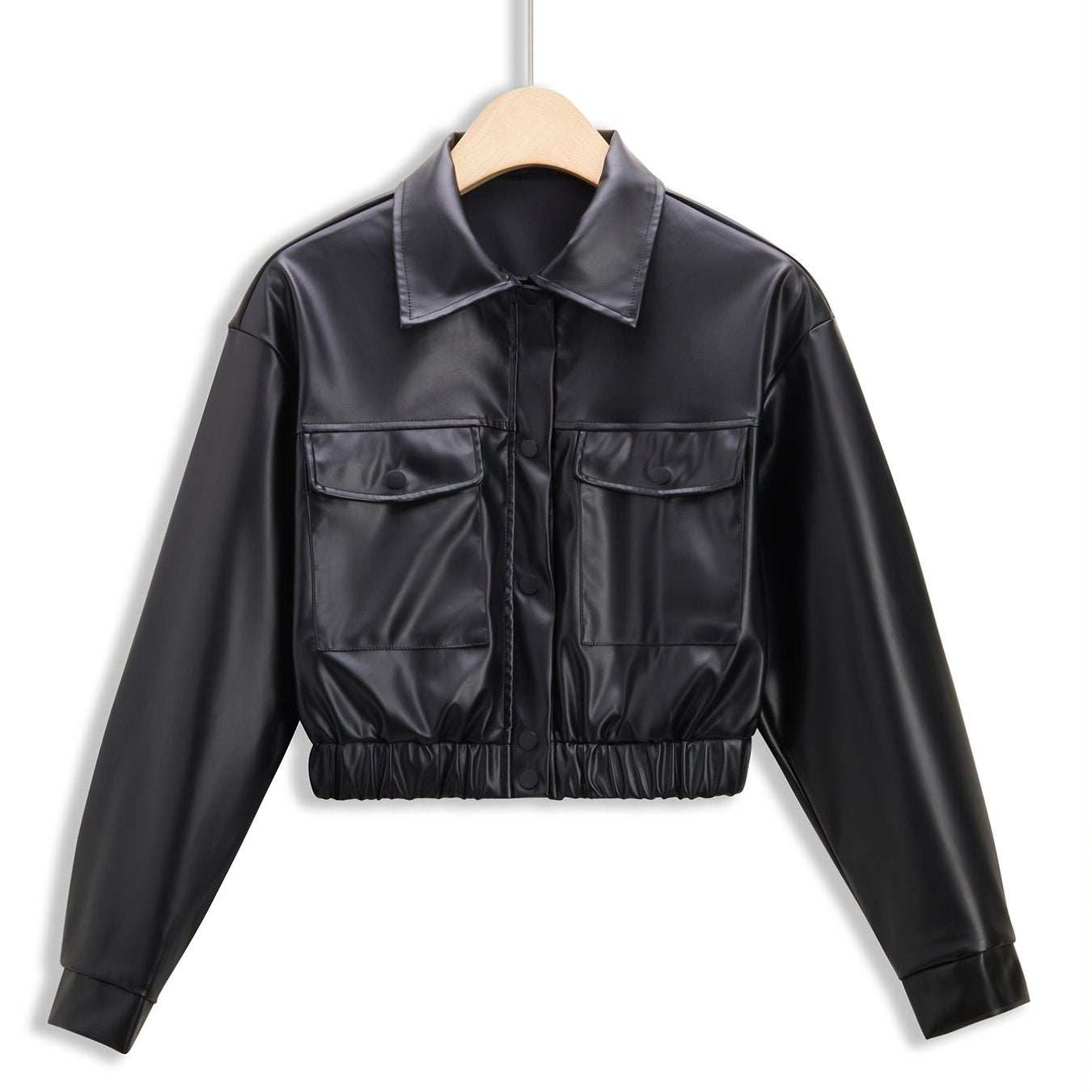 gbolsos PU Leather Turn Down Collar Jacket, Casual Elastic Hem Button Front Outerwear With Pockets, Women's Clothing