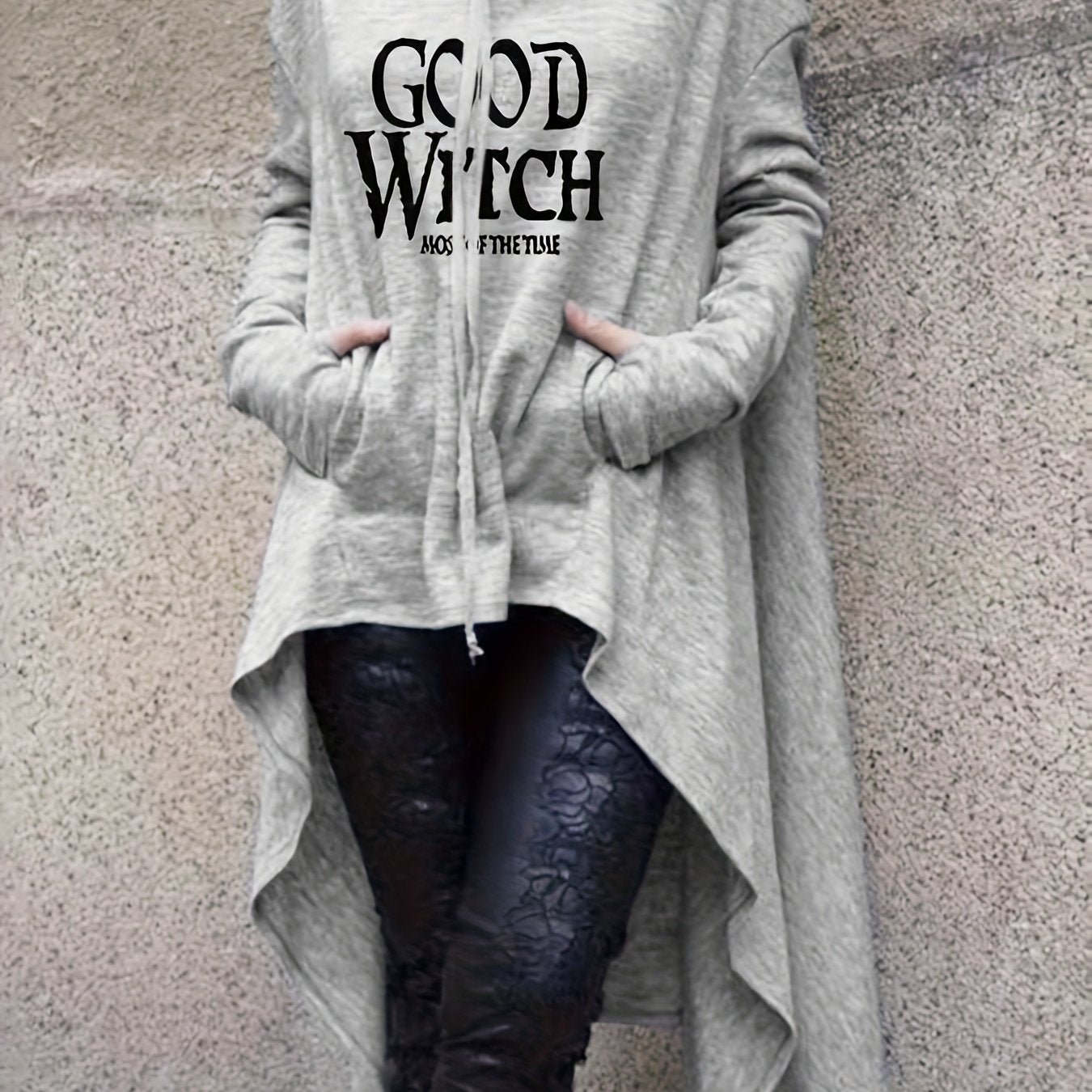 Halloween Letter Print Dipped Hem Hoodie, Casual Long Sleeve Drawstring Hoodies Sweatshirt, Women's Clothing
