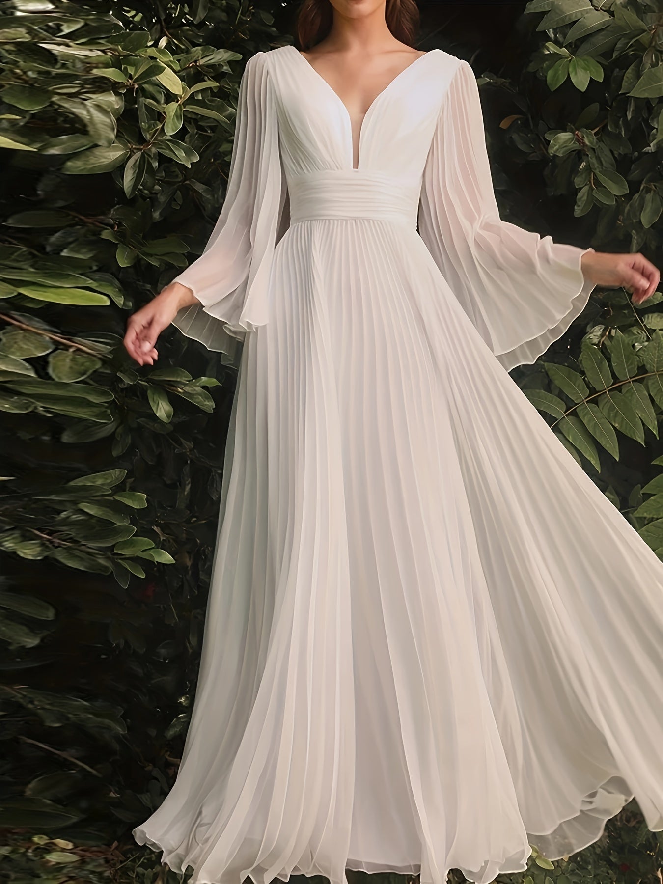 gbolsos Plus Size Solid Pleated Bridesmaid Dress, Elegant V-neck Flare Sleeve Maxi Dress For Wedding Party, Women's Plus Size Clothing