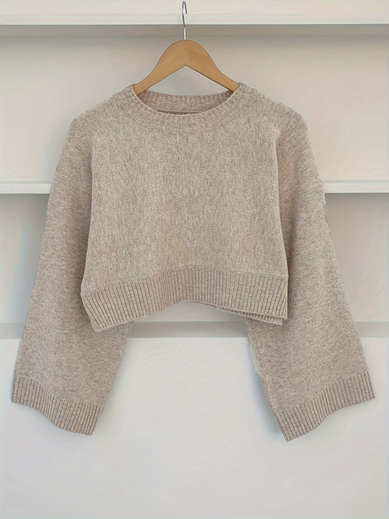 Solid Crew Neck Pullover Sweater, Casual Long Sleeve Split Loose Crop Sweater, Women's Clothing
