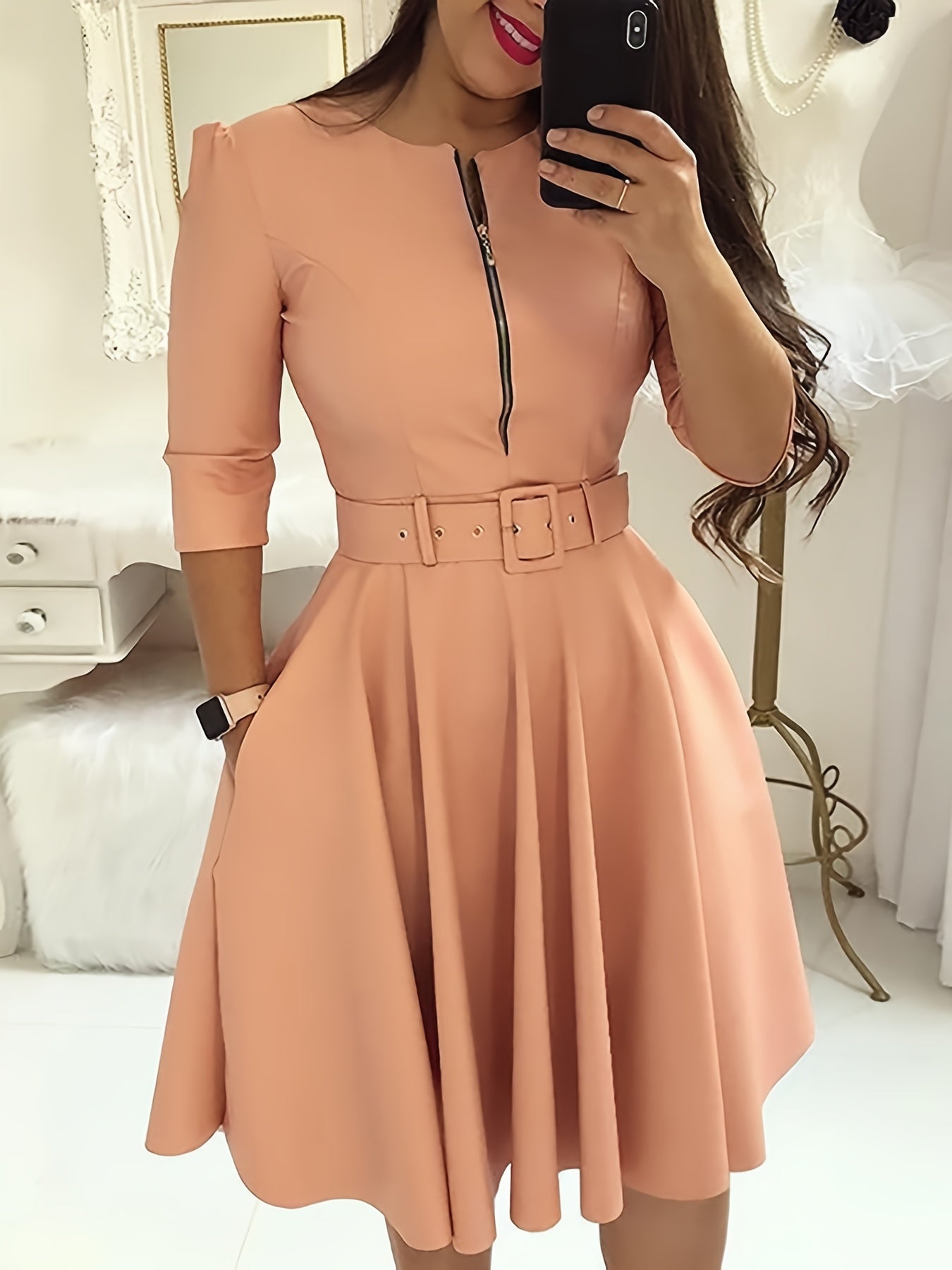 gbolsos Women's Dresses Solid Crew Neck Zipper Dresses