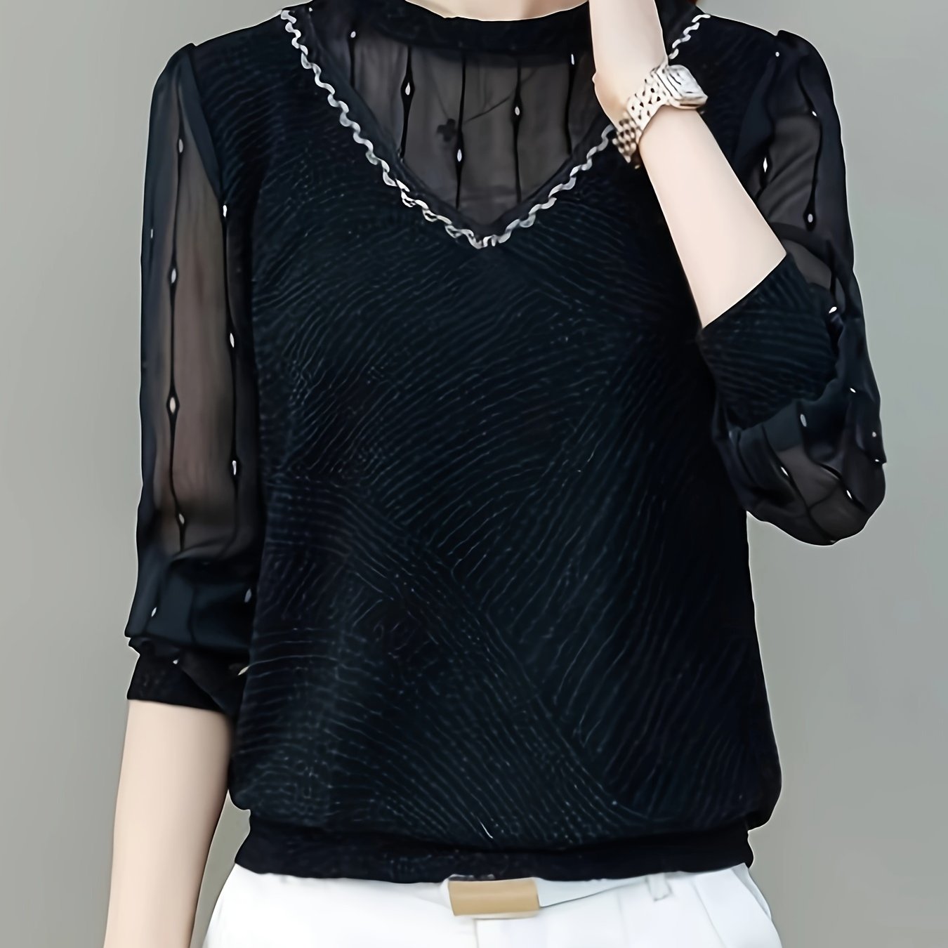 gbolsos Mesh Panel Illusion Neckline T-Shirt, Casual Long Sleeve Crew Neck T-Shirt, Women's Clothing