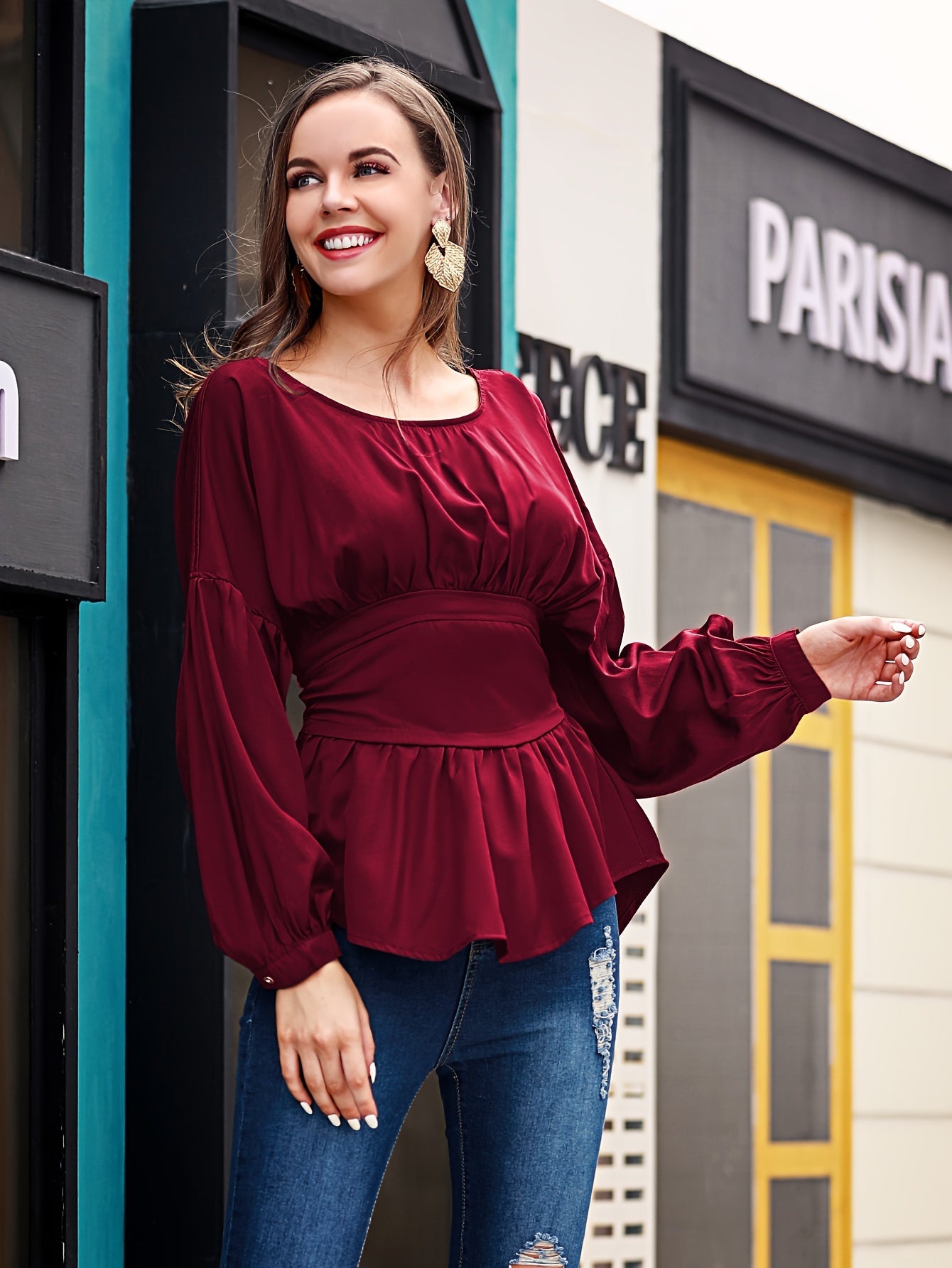 gbolsos Solid Cinched Waist Smocked Blouse, Versatile Lantern Sleeve Blouse For Spring & Fall, Women's Clothing