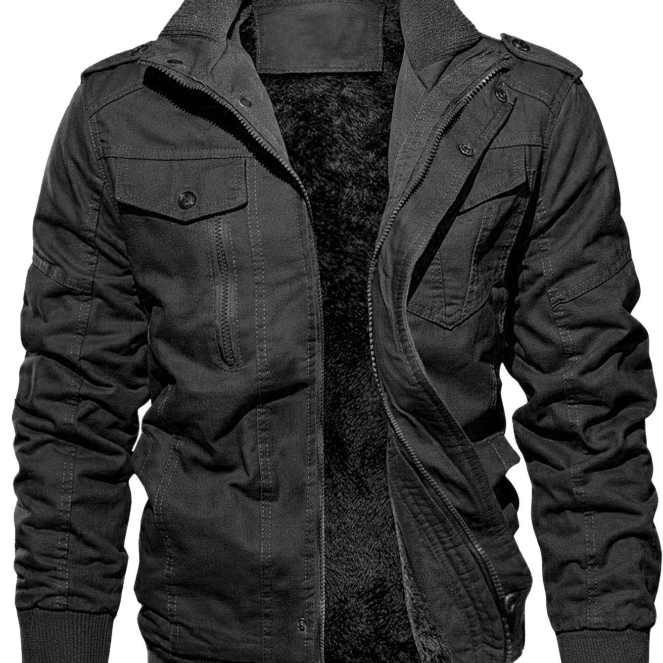 gbolsos Warm Plush Fleece Cotton Jacket, Men's Casual Zipper Pockets Stand Collar Jacket Coat For Fall Winter