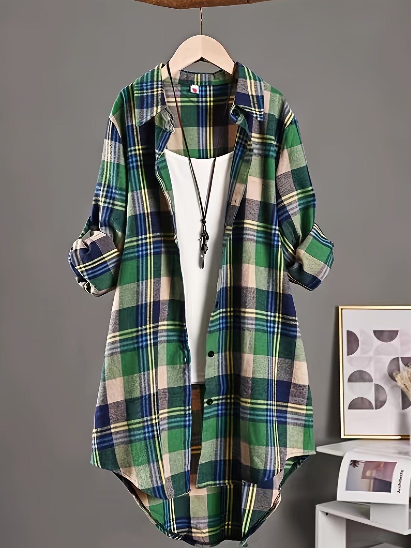 gbolsos Plaid Print Button Front Shirt, Thigh Length Long Sleeve Shirt For Spring & Fall, Women's Clothing