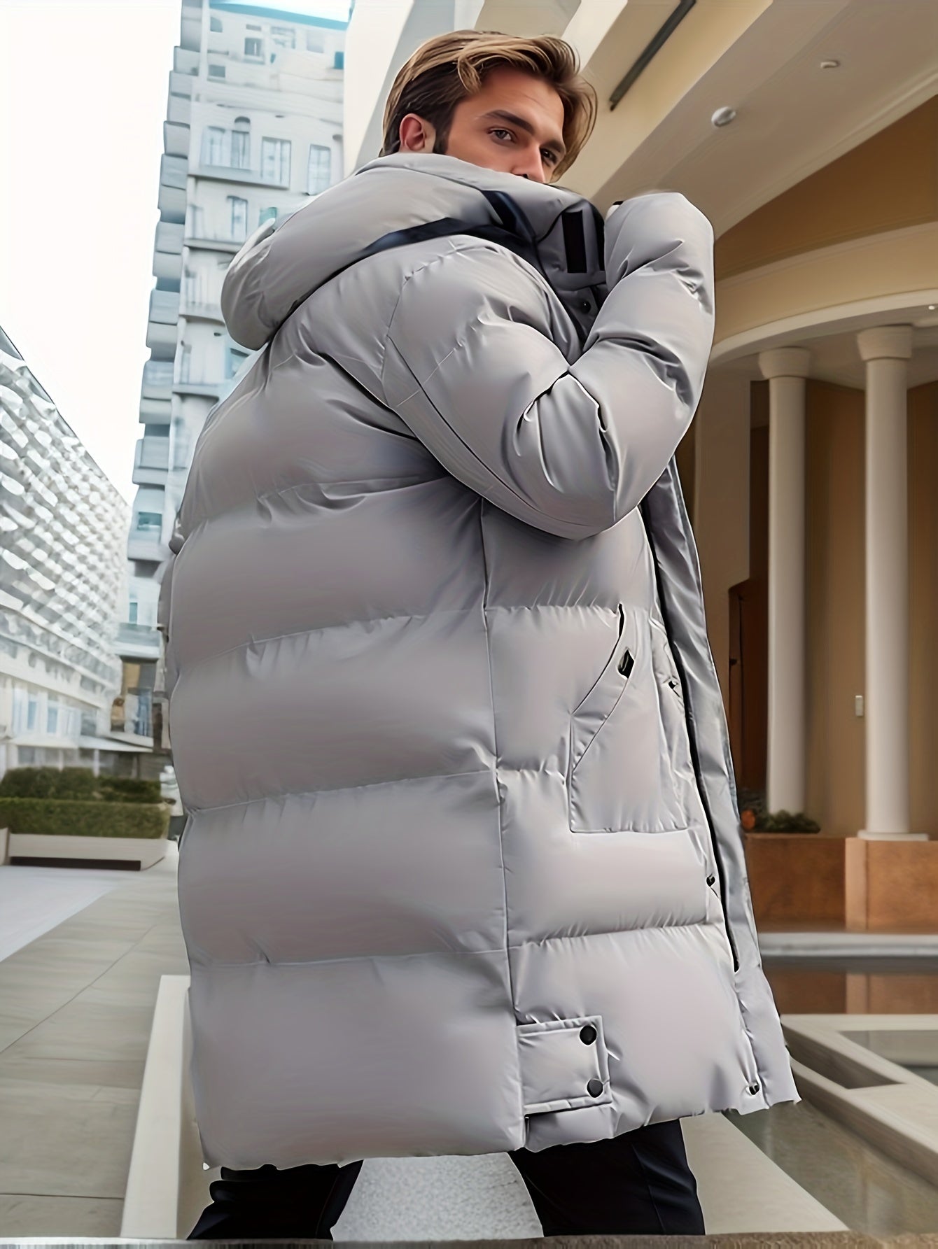 gbolsos Warm Hooded Mid-length Jacket, Men's Casual Zip Up Cotton Padded Jacket Overcoat For Fall Winter Outdoor