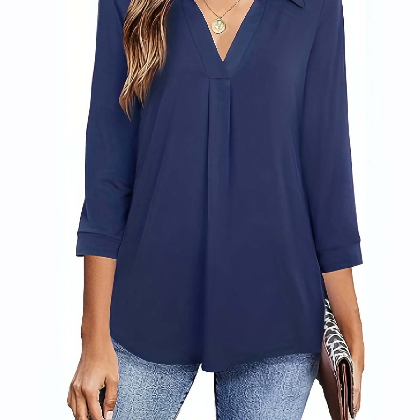 gbolsos Plus Size Casual Blouse, Women's Plus Solid Half Sleeve Turn Down Collar Tunic Top