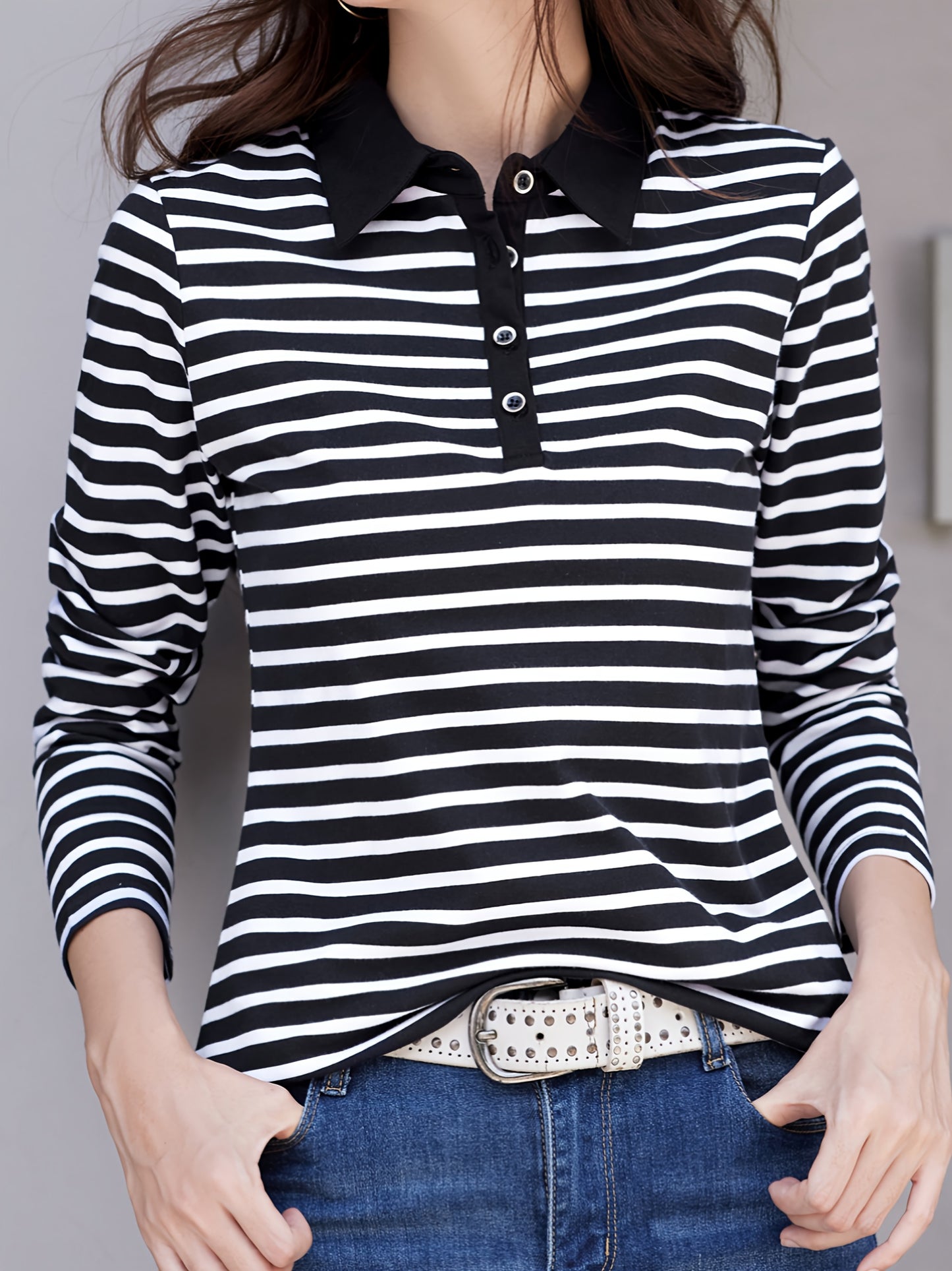 gbolsos Striped Print Button Front T-Shirt, Casual Long Sleeve T-Shirt For Spring & Fall, Women's Clothing