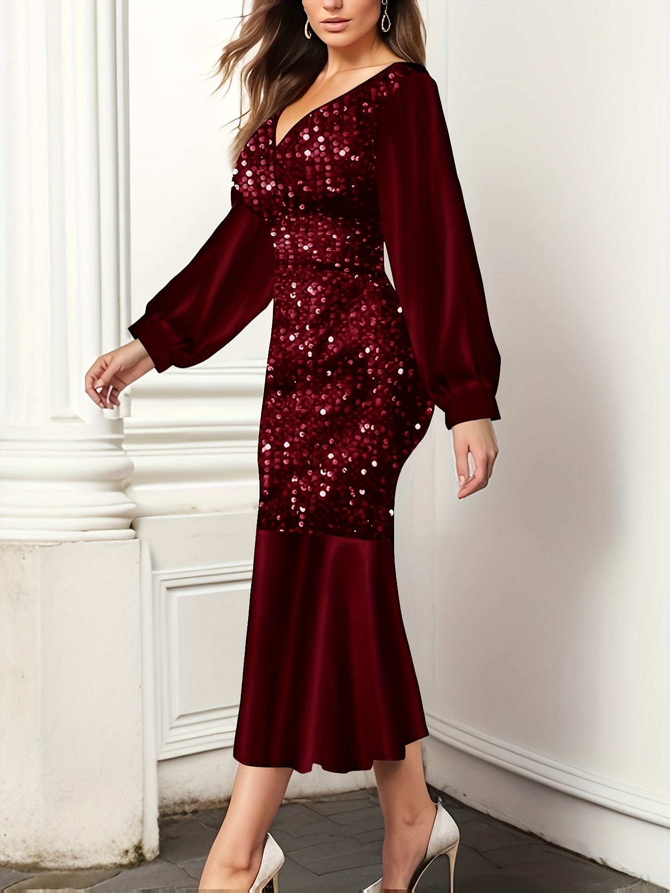 gbolsos Sequined Mermaid Hem Dress, Elegant Long Sleeve V Neck Dress For Party & Banquet, Women's Clothing