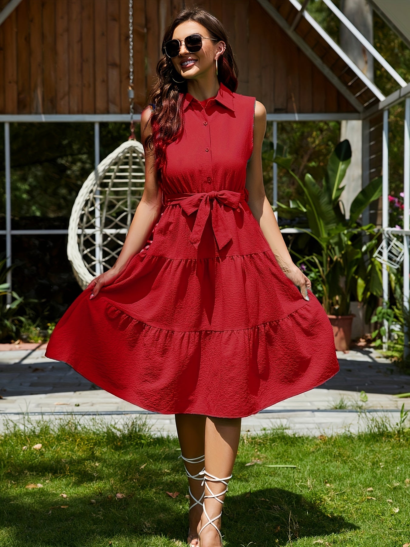 gbolsos Shirt Collar Belted Tiered Dress, Sleeveless Summer Vacation Casual Dress, Women's Clothing