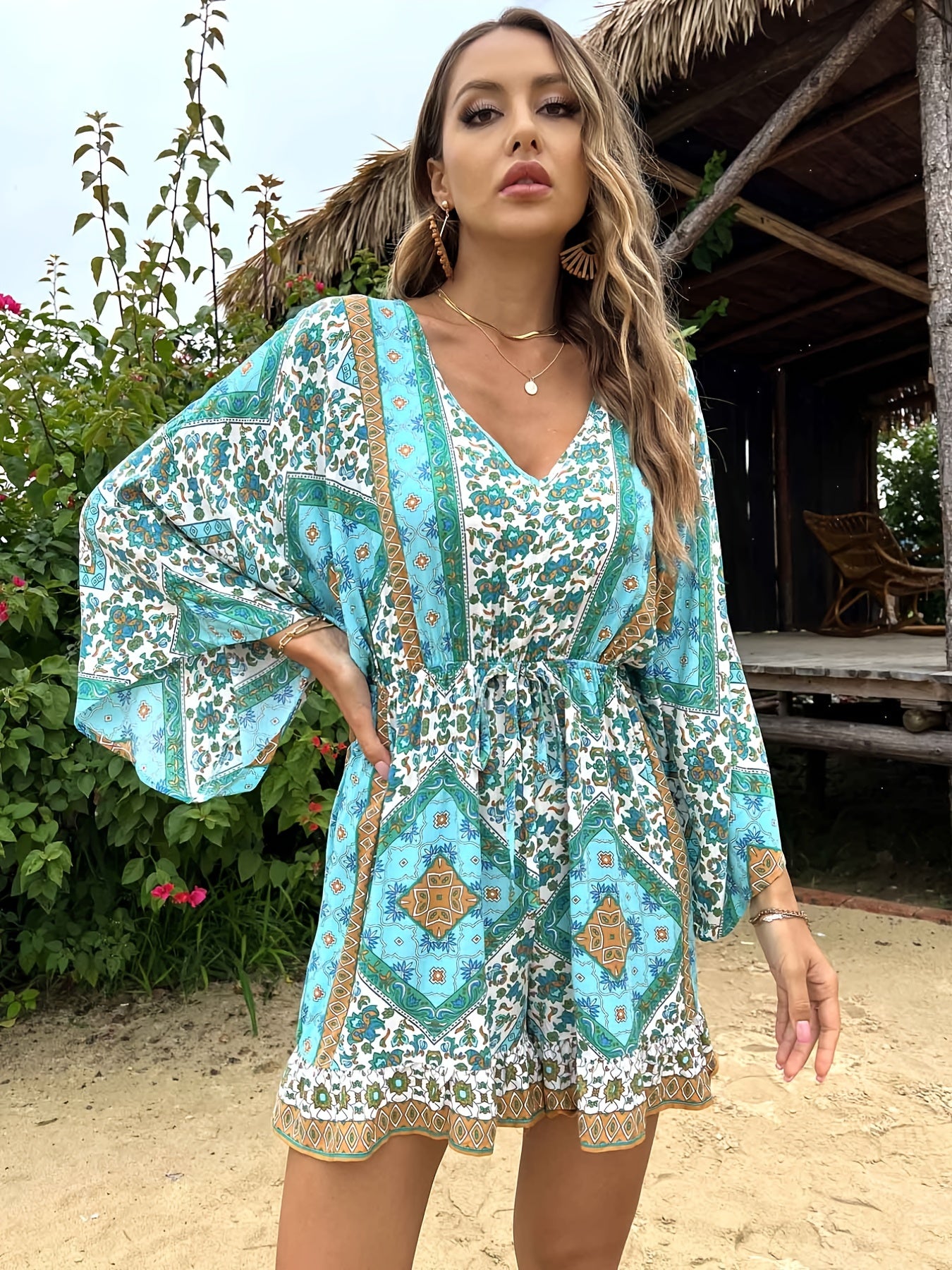 elveswallet Bohemian Print Lace Up Waist Jumpsuit, Boho Long Sleeve V-neck Loose Jumpsuit, Women's Clothing