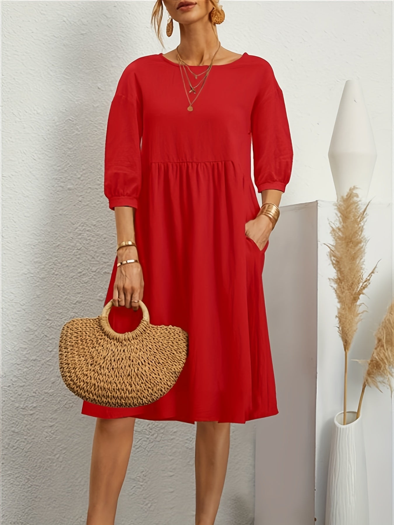 Lantern Sleeve Pocket Dress, Casual Crew Neck Half Sleeve Dress, Women's Clothing
