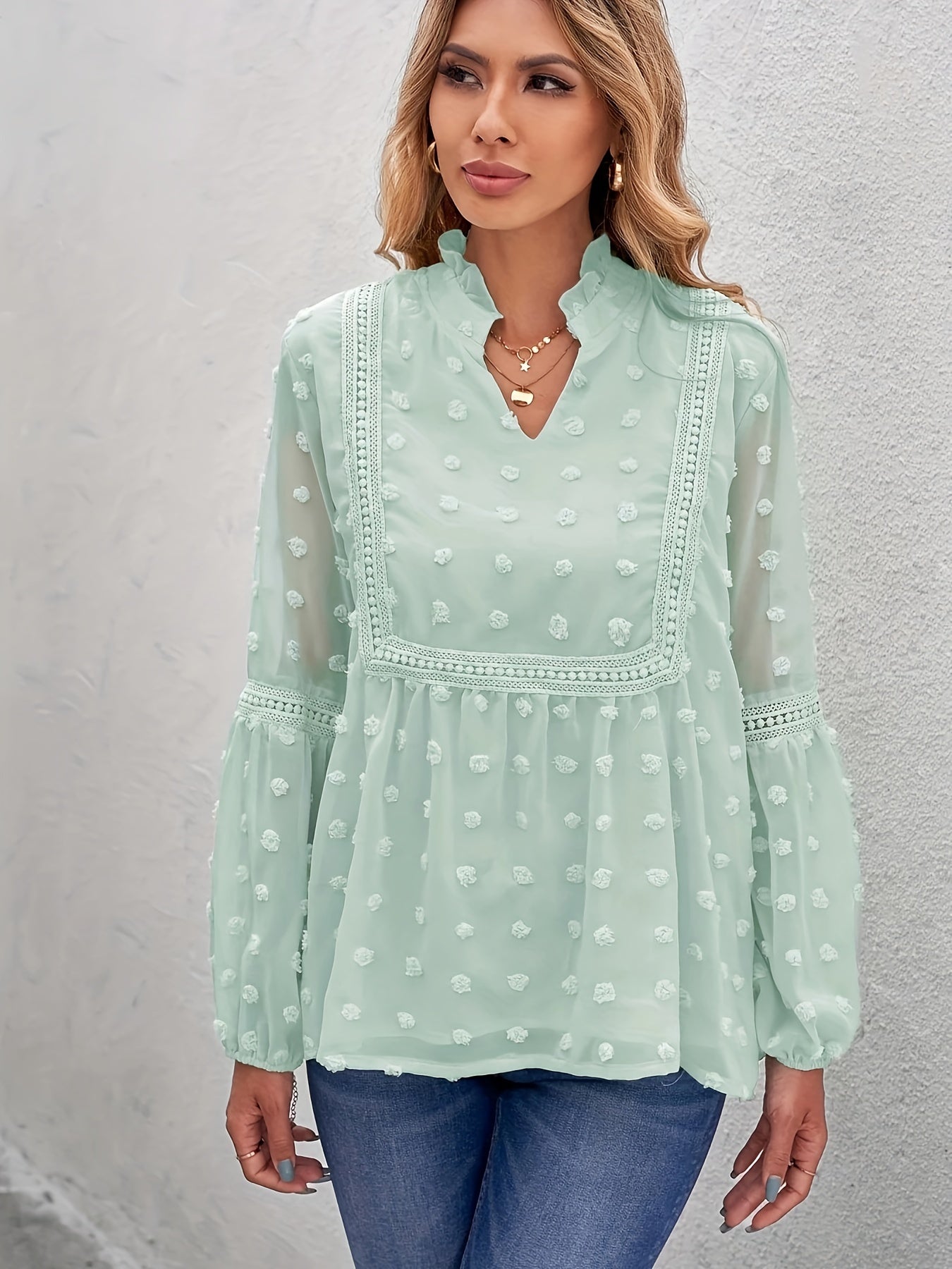 gbolsos Swiss Dot Contrast Lace Blouse, Elegant V Neck Lantern Sleeve Blouse, Women's Clothing
