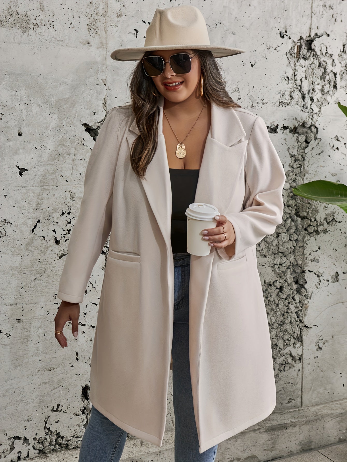 Plus Size Elegant Coat, Women's Plus Solid Long Sleeve Lapel Collar Longline Woolen Coat With Pockets