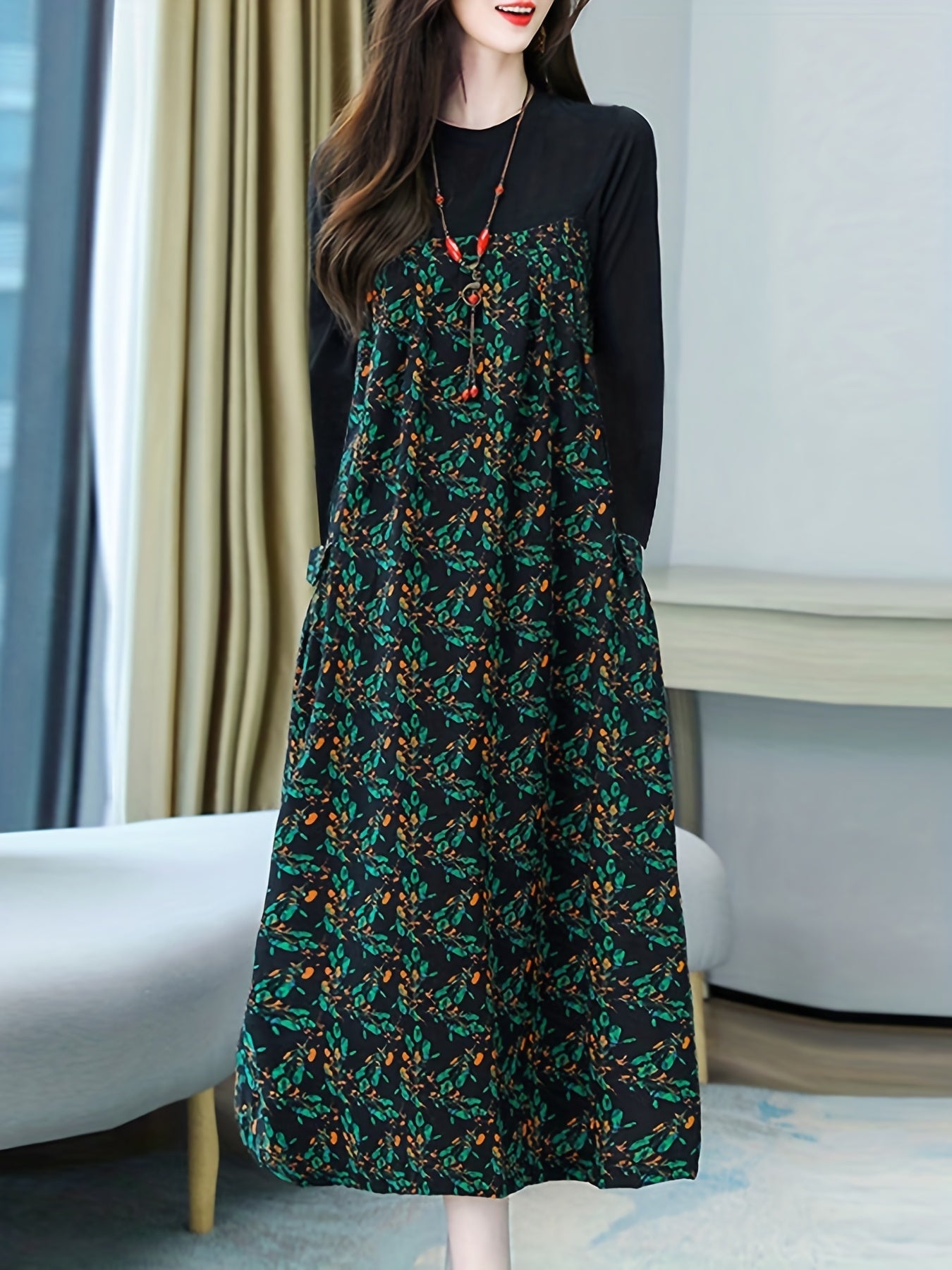 gbolsos Floral Print Crew Neck Dress, Casual Long Sleeve Dress For Spring & Fall, Women's Clothing
