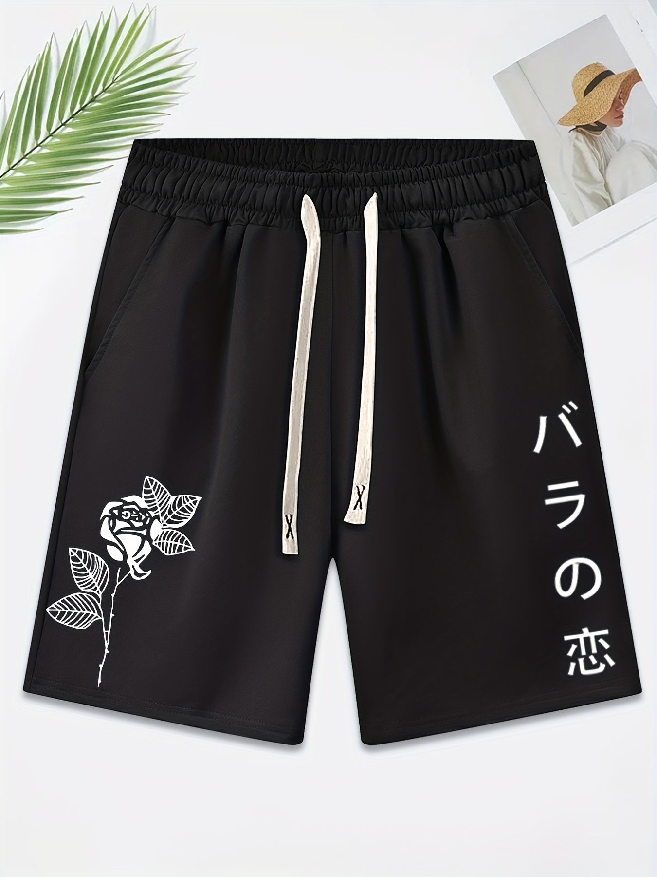gbolsos Men's Trendy Purple Rose Graphic Drawstring Waist Shorts Athletic Gym Workout Shorts With Pocket