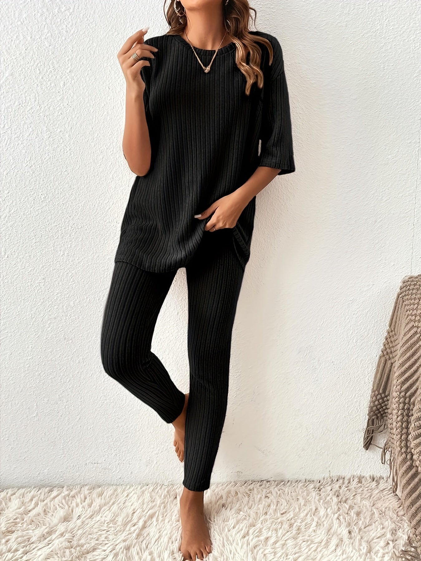 gbolsos Casual Ribbed Two-piece Set, Half Sleeve Crew Neck Top & Slim Pants Outfits, Women's Clothing