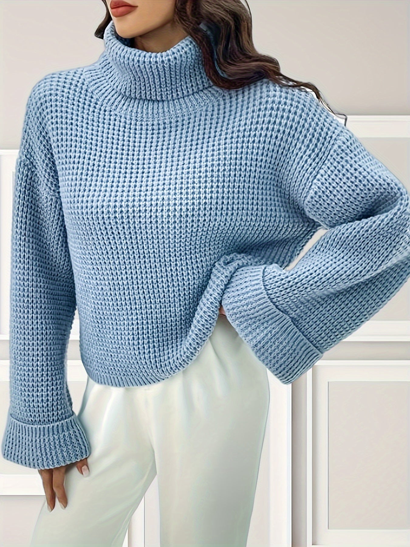 gbolsos Solid Turtle Neck Pullover Sweater, Elegant Long Sleeve Loose Sweater For Fall & Winter, Women's Clothing