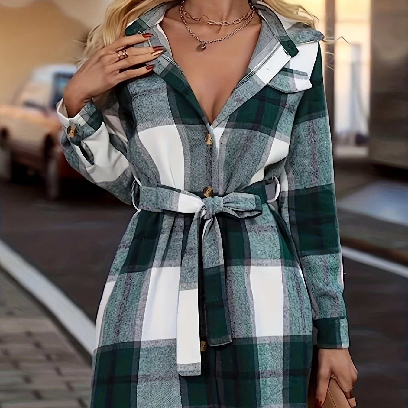 gbolsos Button Plaid Tie Waist Jacket, Casual Long Sleeve Jacket For Fall & Winter, Women's Clothing