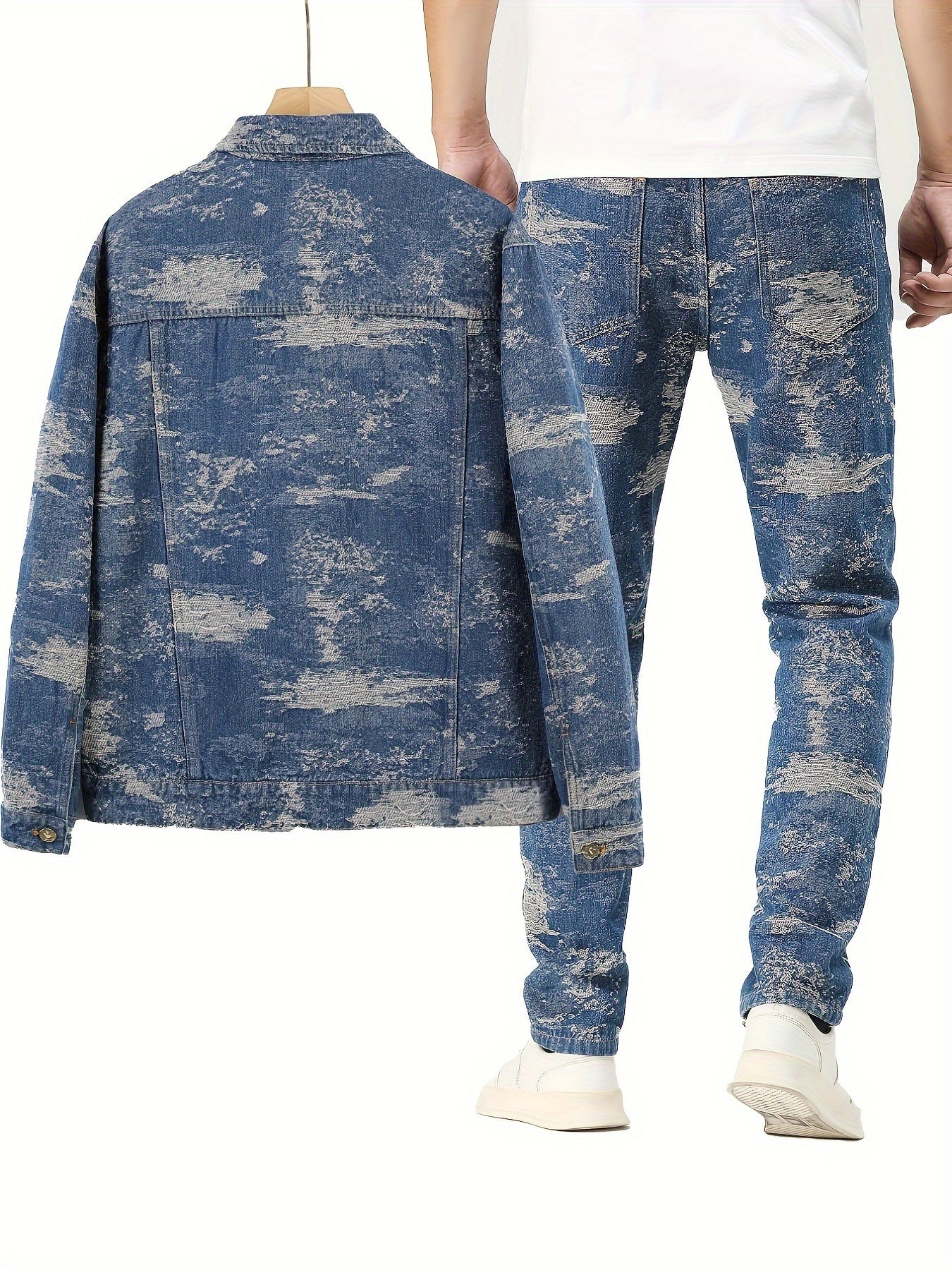 gbolsos Men's Casual Jacquard Set, Turndown Collar Chest Pocket Jacket And Loose Trendy Straight Leg Pants For Spring Autumn