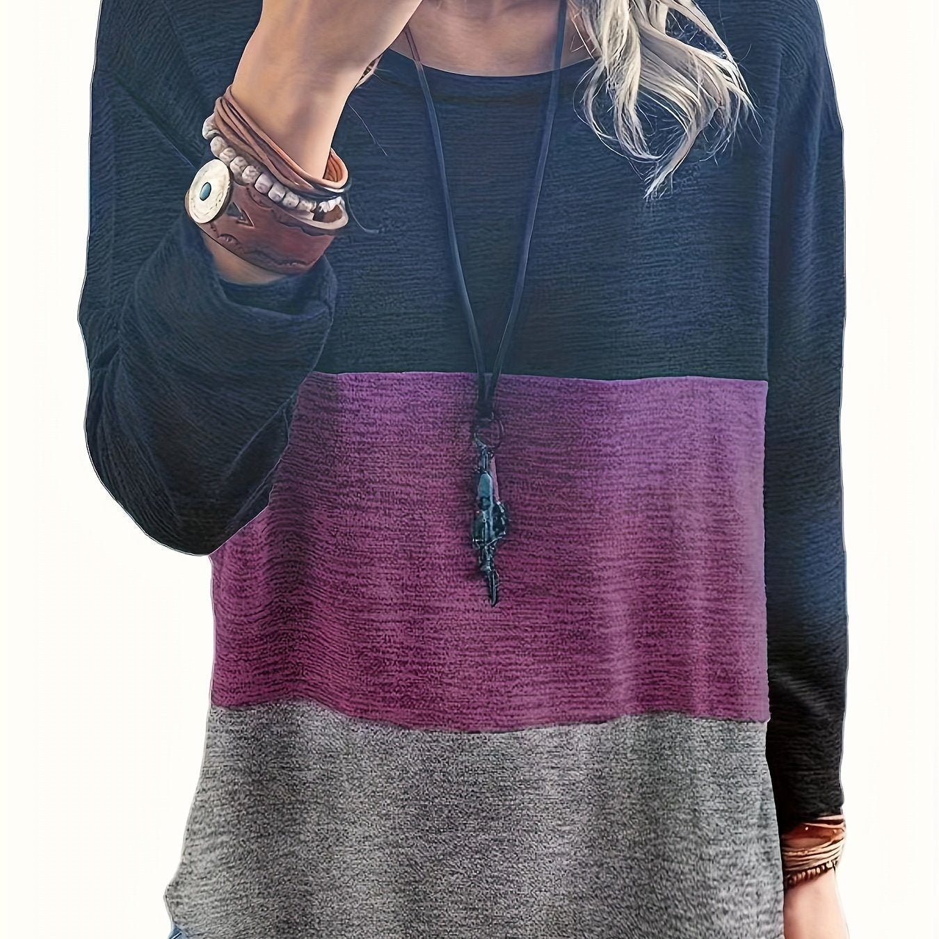 Plus Size Casual Top, Women's Plus Colorblock Long Sleeve Round Neck Medium Stretch Top