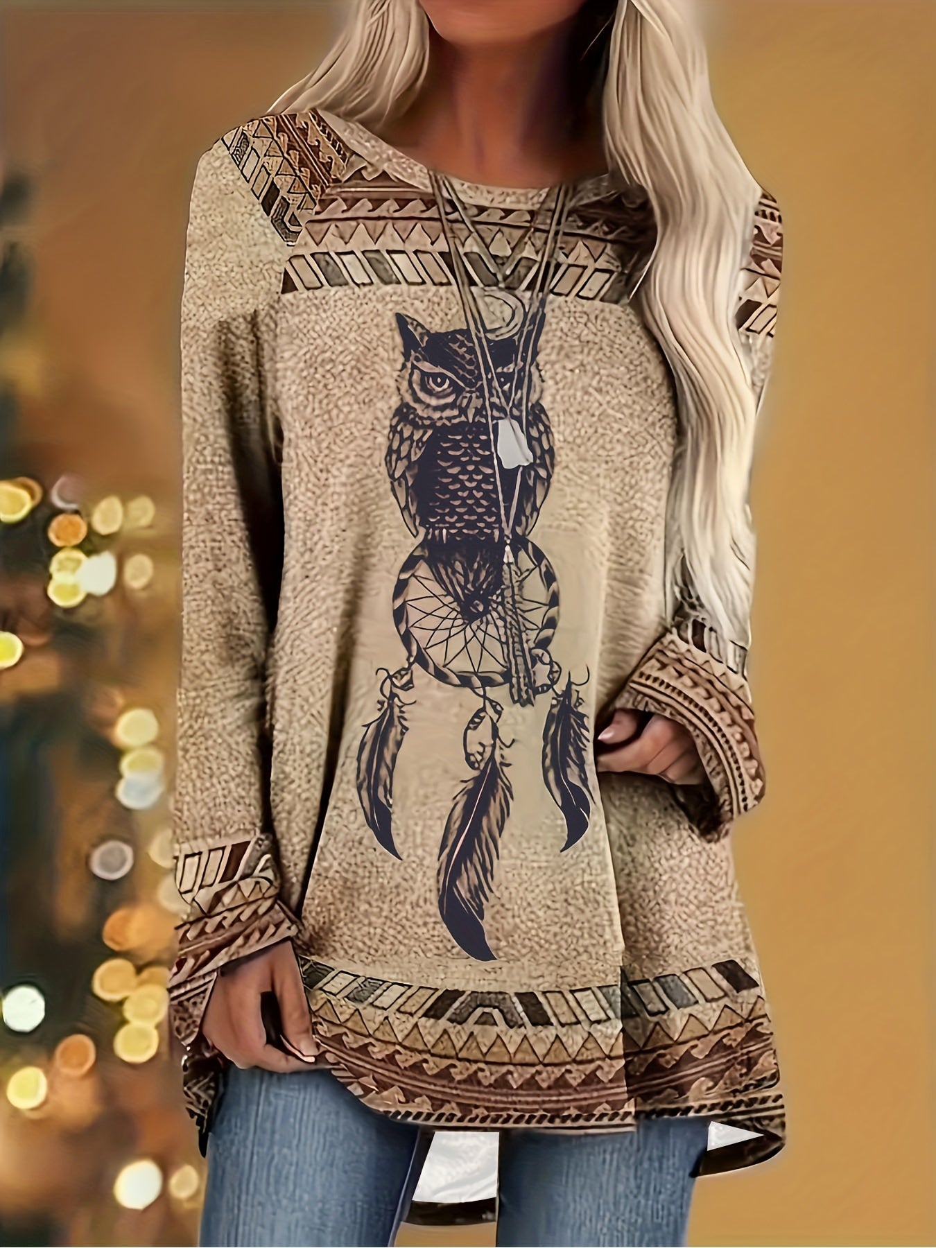 Plus Size Ethnic Style Top, Women's Plus Tribal Feather & Owl & Geometric Print Long Sleeve Round Neck Tunic Top