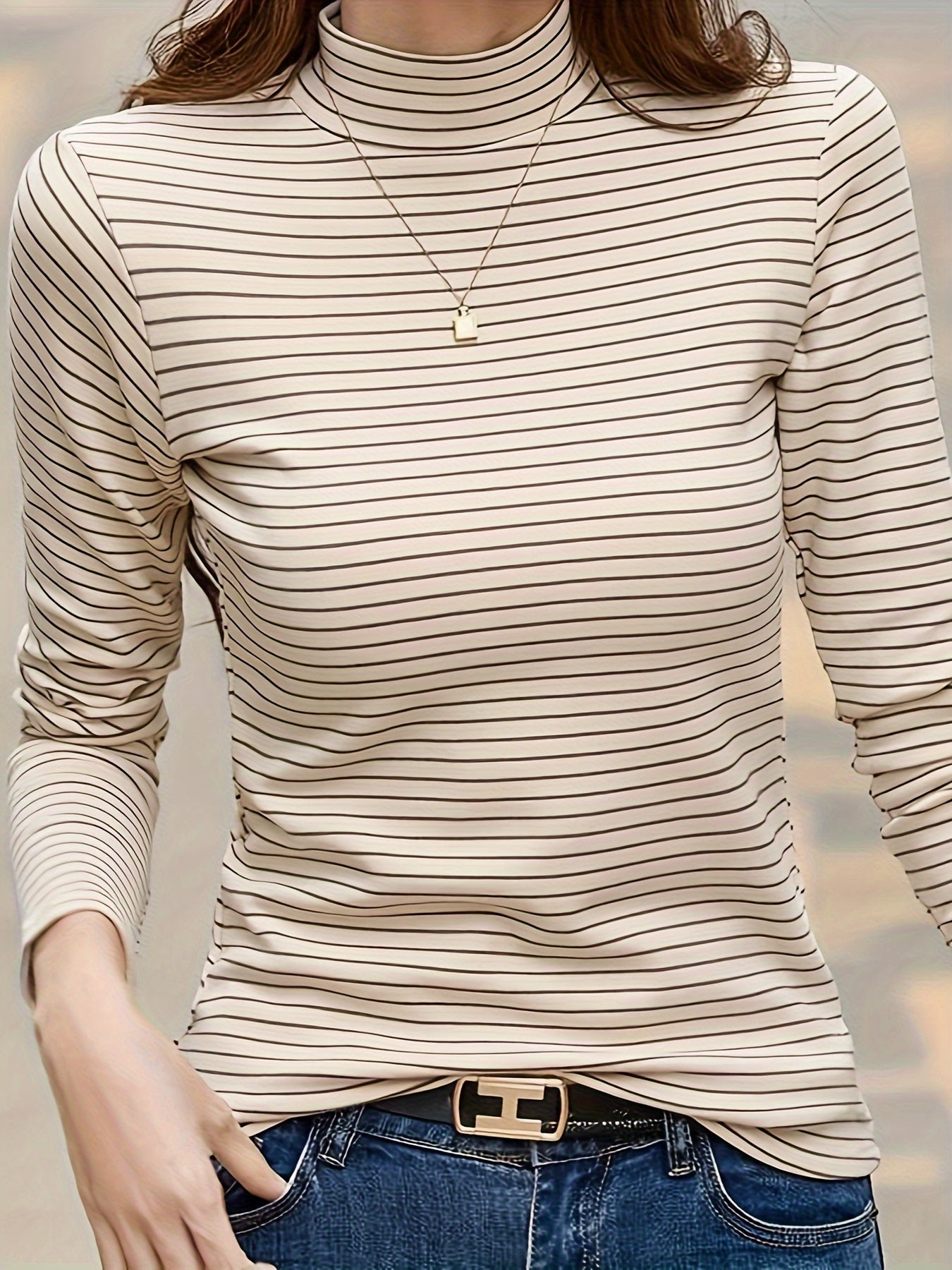 gbolsos Striped Mock Neck T-shirt, Casual Long Sleeve Top For Spring & Fall, Women's Clothing
