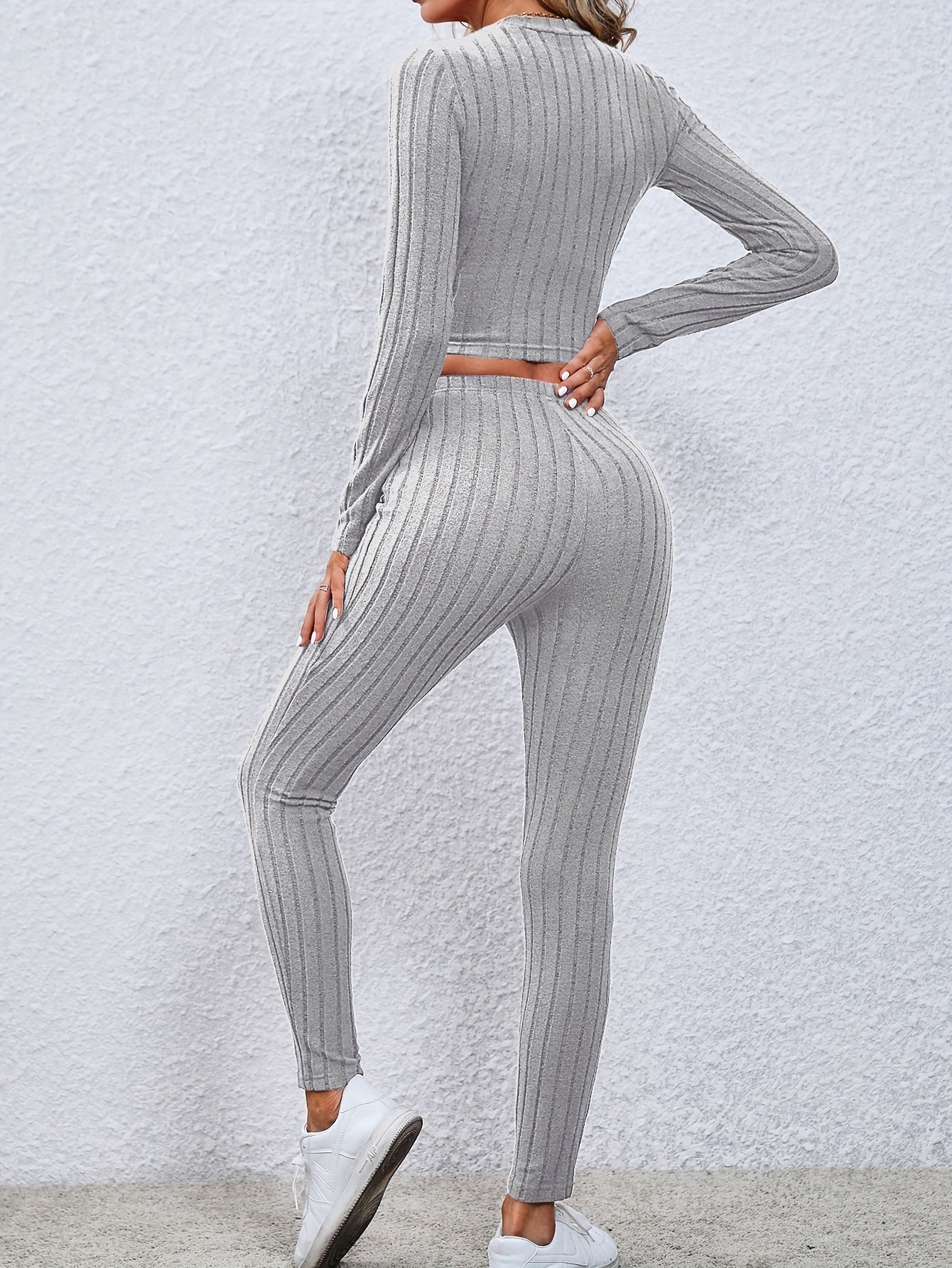 gbolsos Solid Ribbed Two-piece Set, Criss Cross Long Sleeve Tops & High Waist Long Length Pants Outfits, Women's Clothing