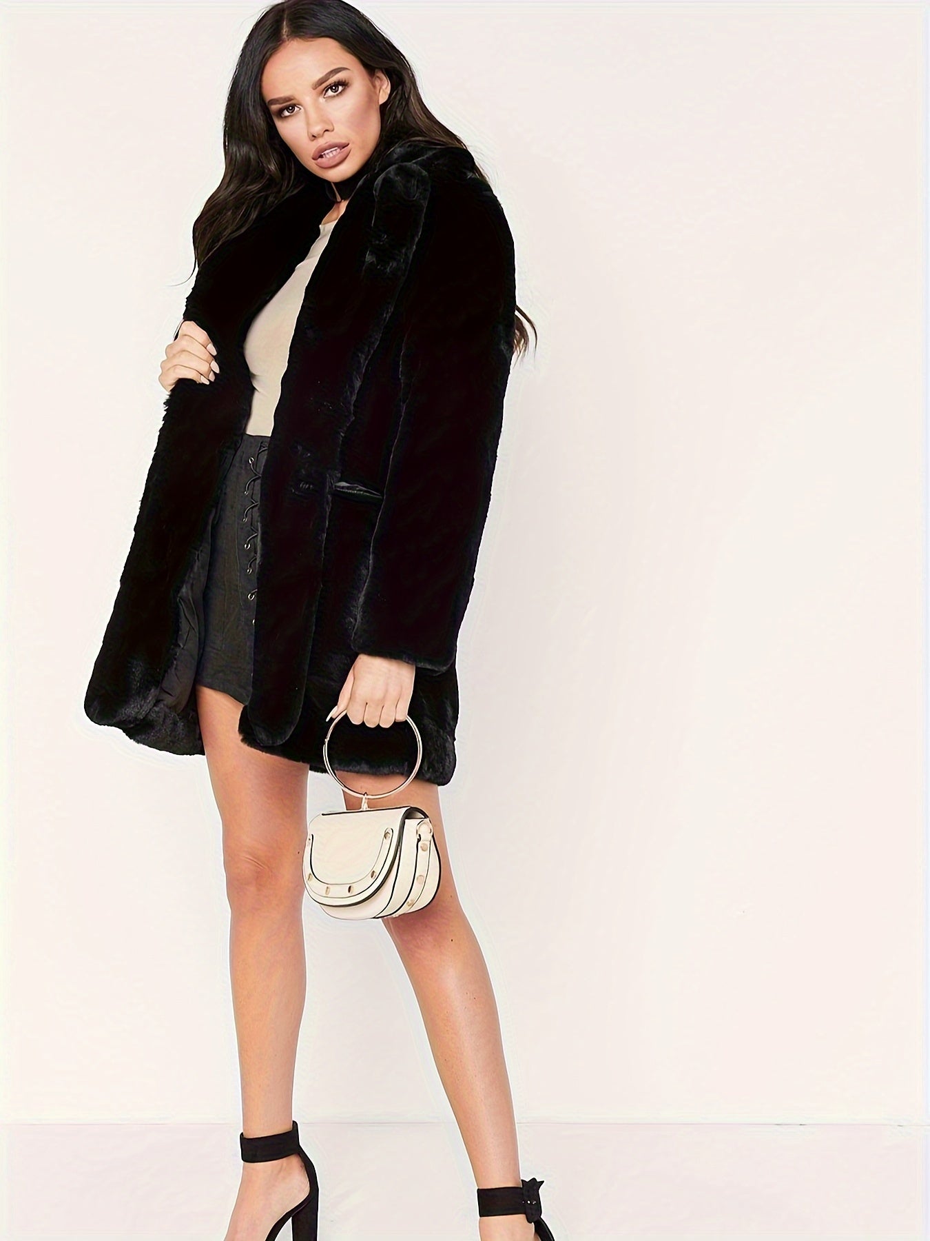 Plus Size Elegant Coat, Women's Plus Solid Teddy Fleece Button Up Long Sleeve Lapel Collar Coat