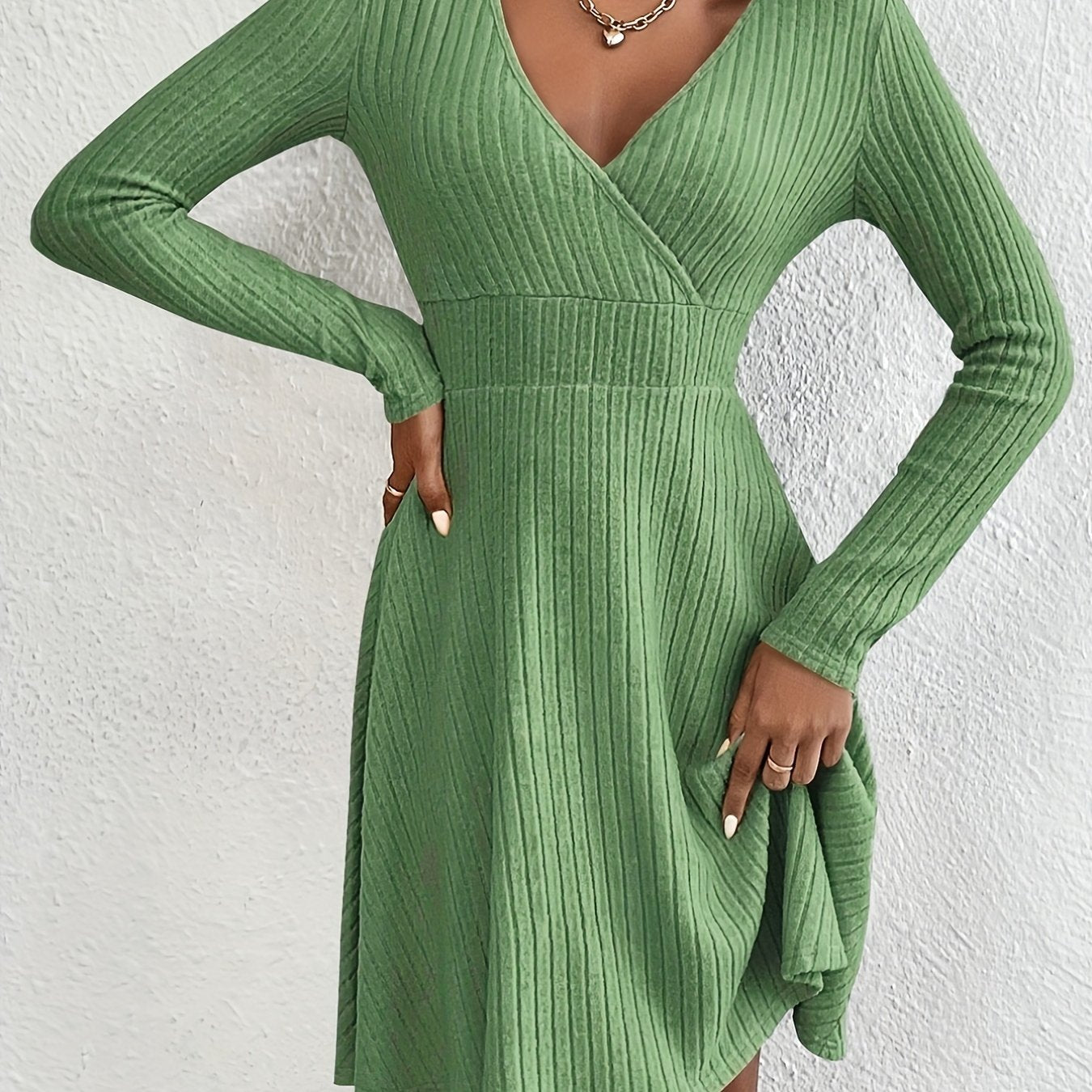 Solid Bodycon Ribbed Dress, Casual V Neck Long Sleeve Dress, Women's Clothing