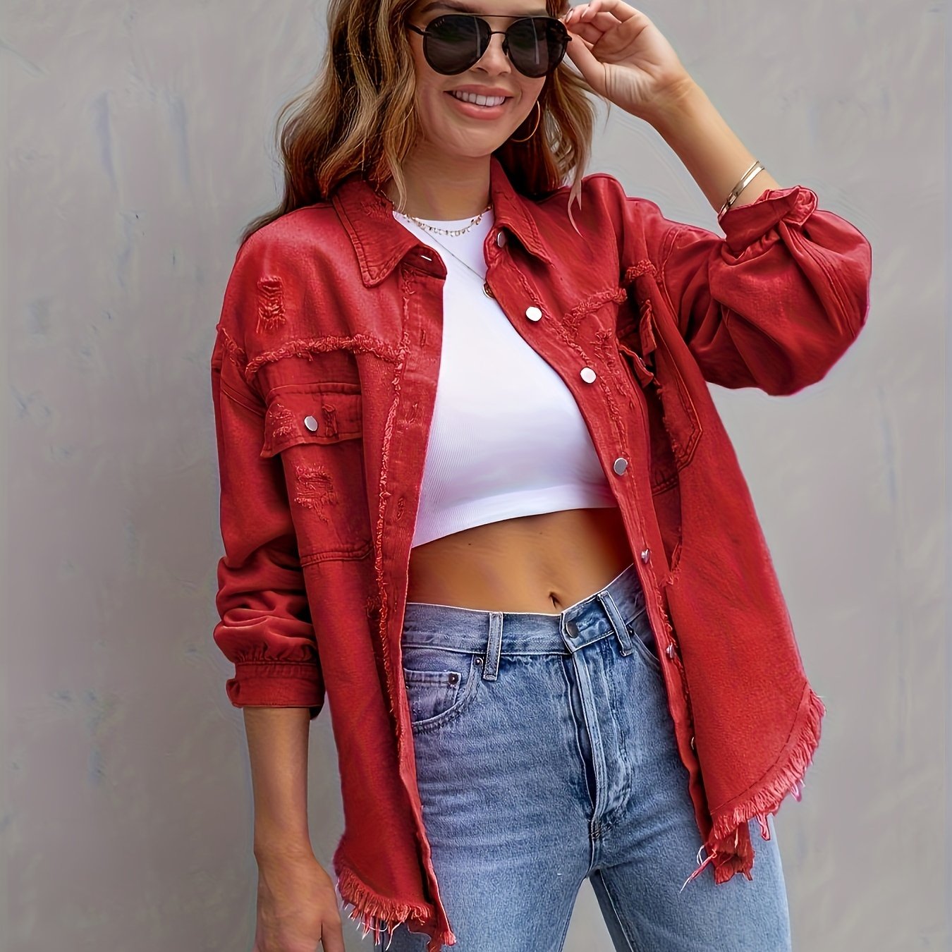 Plain Ripped Holes Lapel Denim Jackets, Distressed Raw Hem Long Sleeves Casual Denim Coats, Women's Denim Clothing