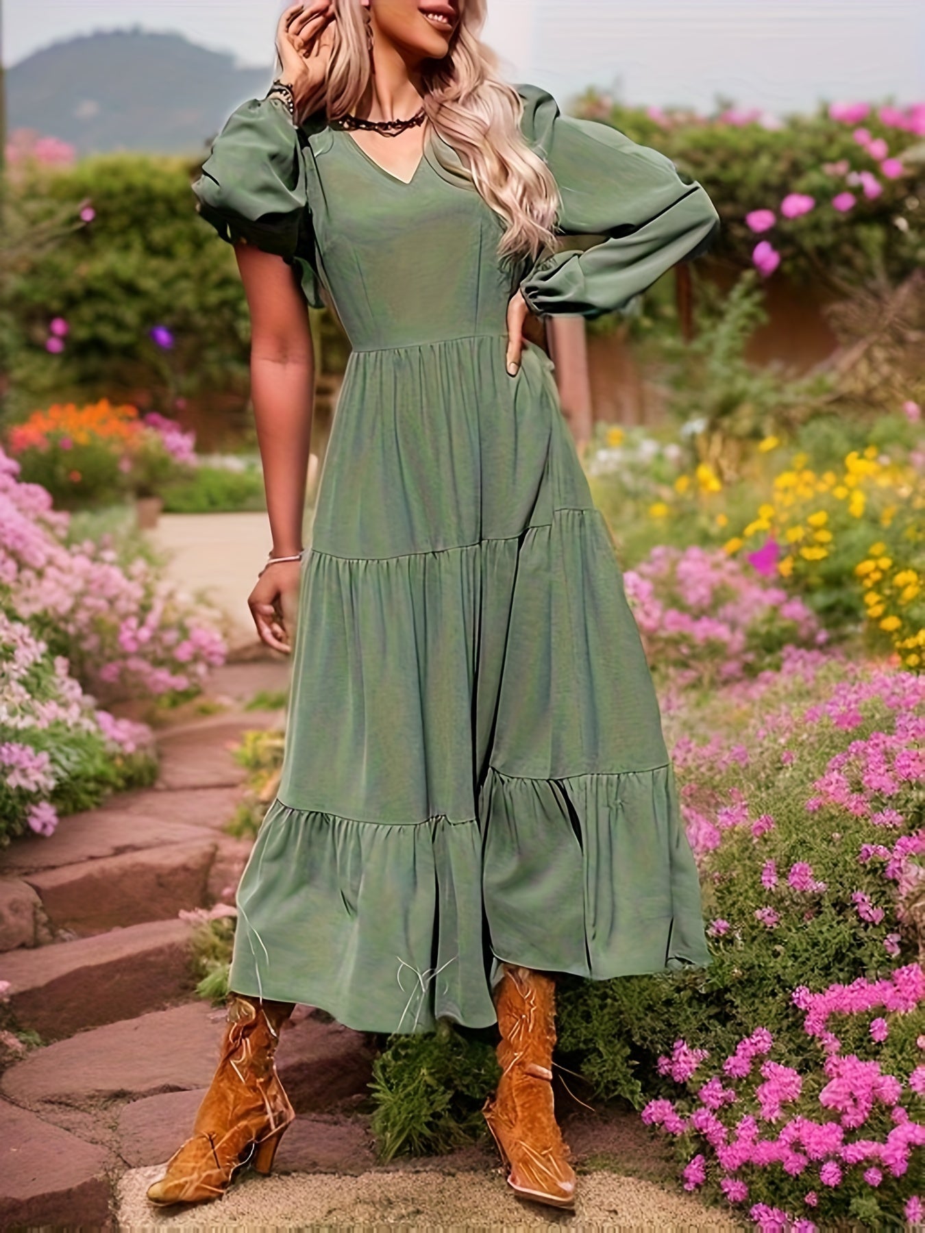 gbolsos Solid Color Lantern Sleeve Dress, Casual V Neck Tiered Dress For Spring & Fall, Women's Clothing