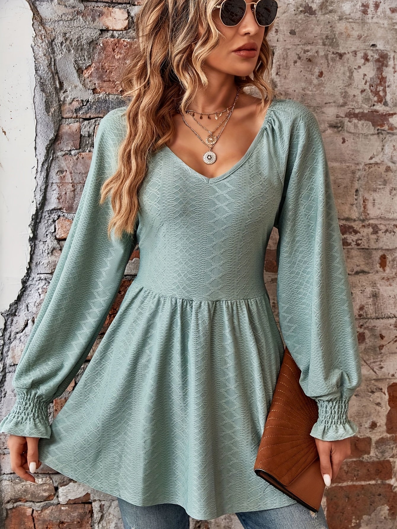 Solid Ruched Mini Dress, Casual Shirred Long Sleeve Dress, Women's Clothing