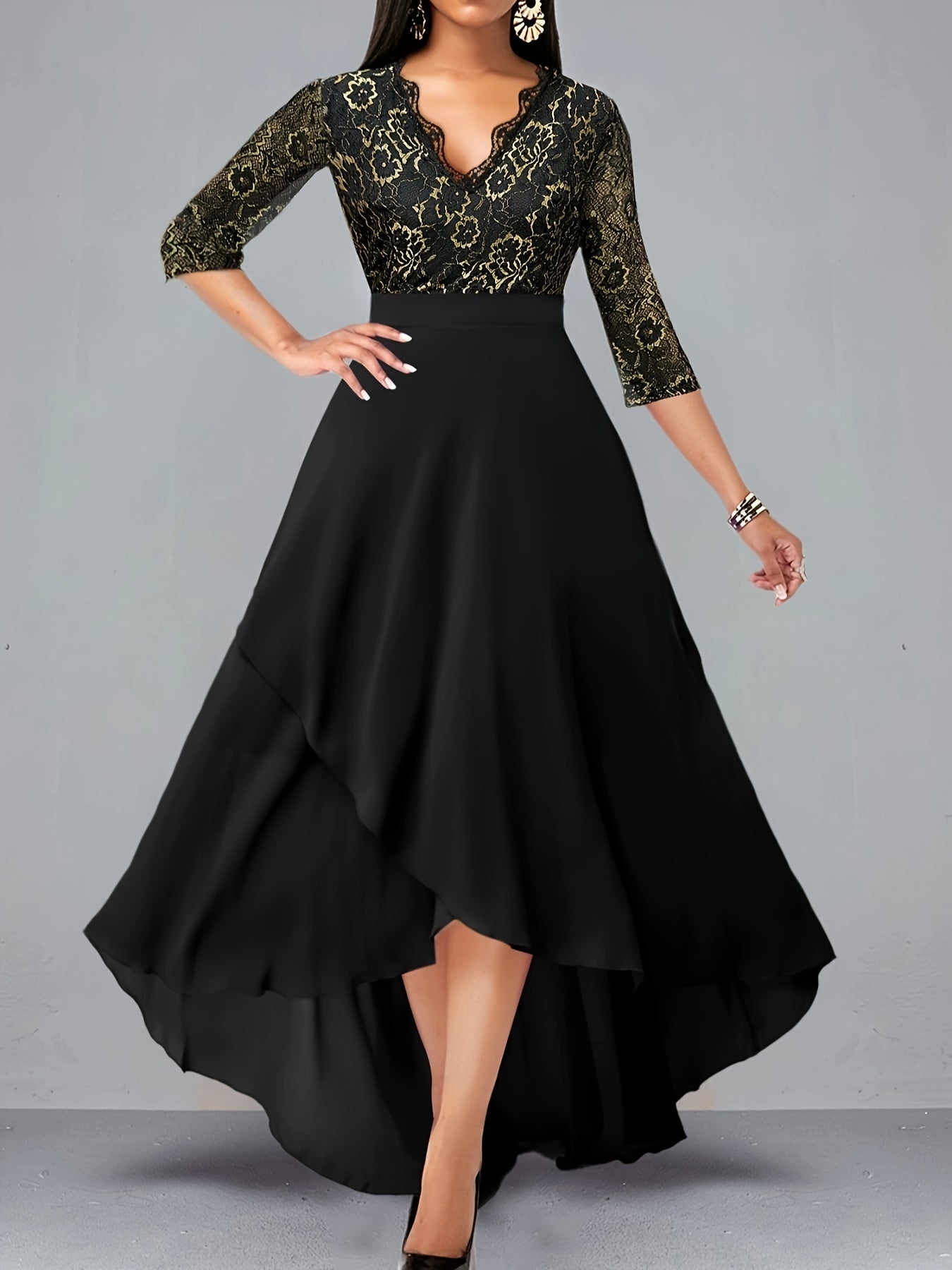 gbolsos Plus Size Elegant Dress, Women's Plus Floral Print Three Quarter Sleeve Contrast Lace Trim V Neck Wrap Split Hem Maxi Dress