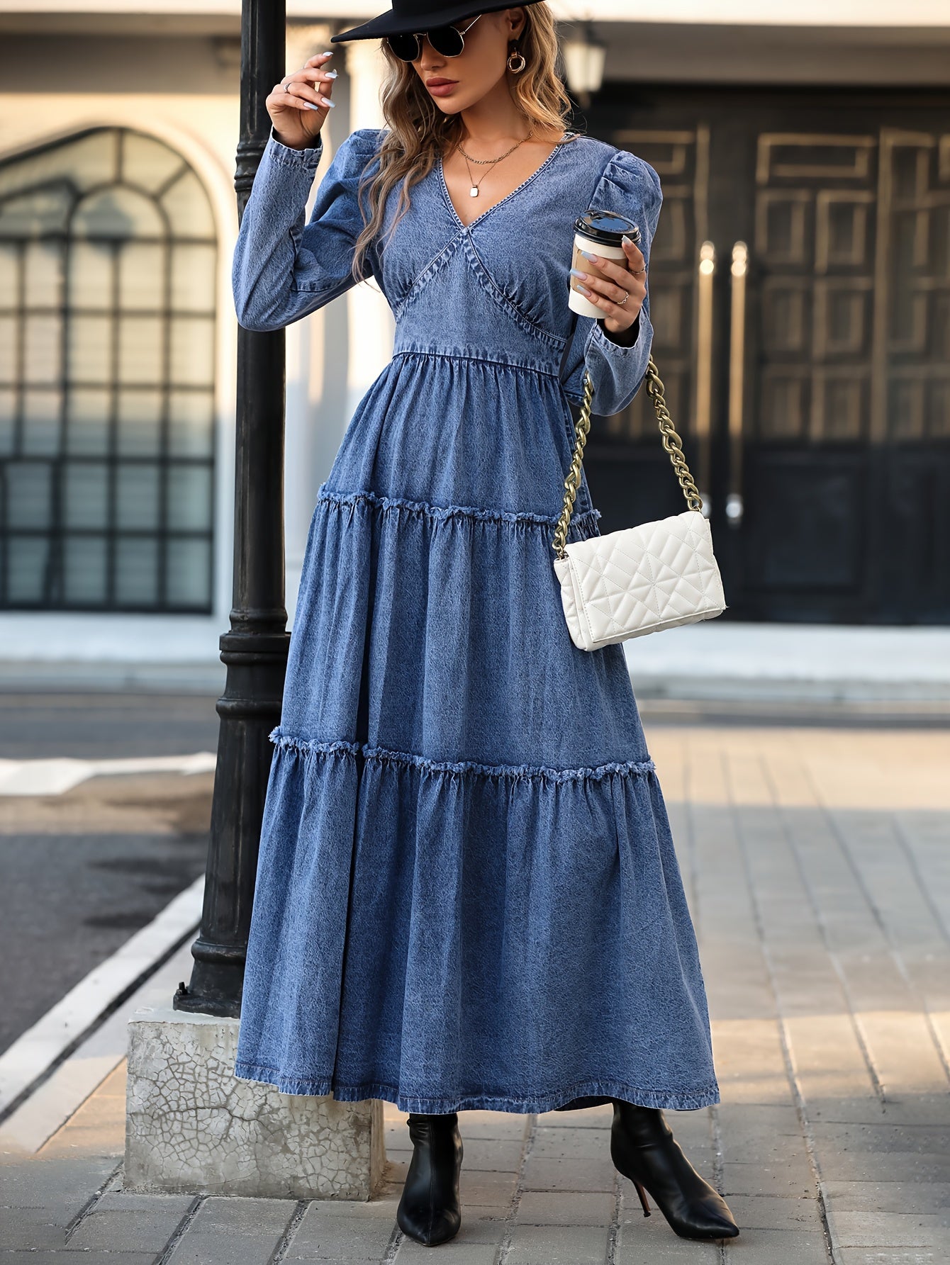 gbolsos Long Sleeves Layered Denim Dress, V Neck Ruffle Hem Denim Dress, Women's Denim Clothing