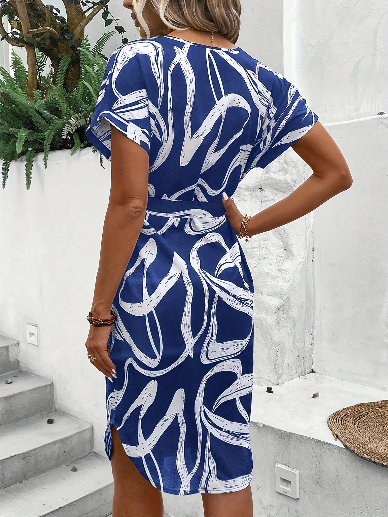 Color Block Tie Front Dress, Casual V Neck Short Sleeve Dress For Spring & Summer, Women's Clothing
