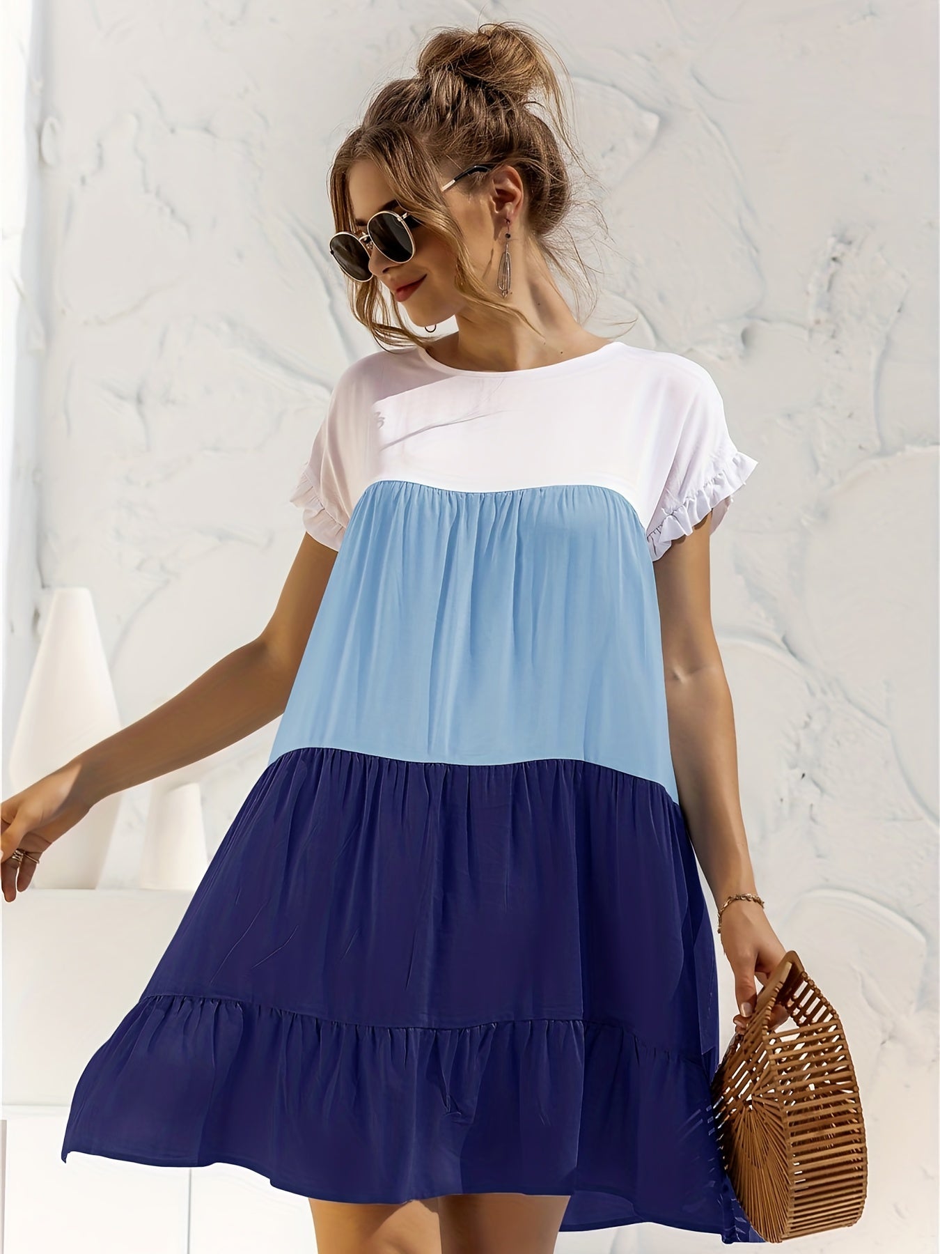 Color Block Ruffle Hem Dress, Casual Crew Neck Short Sleeve Dress, Women's Clothing