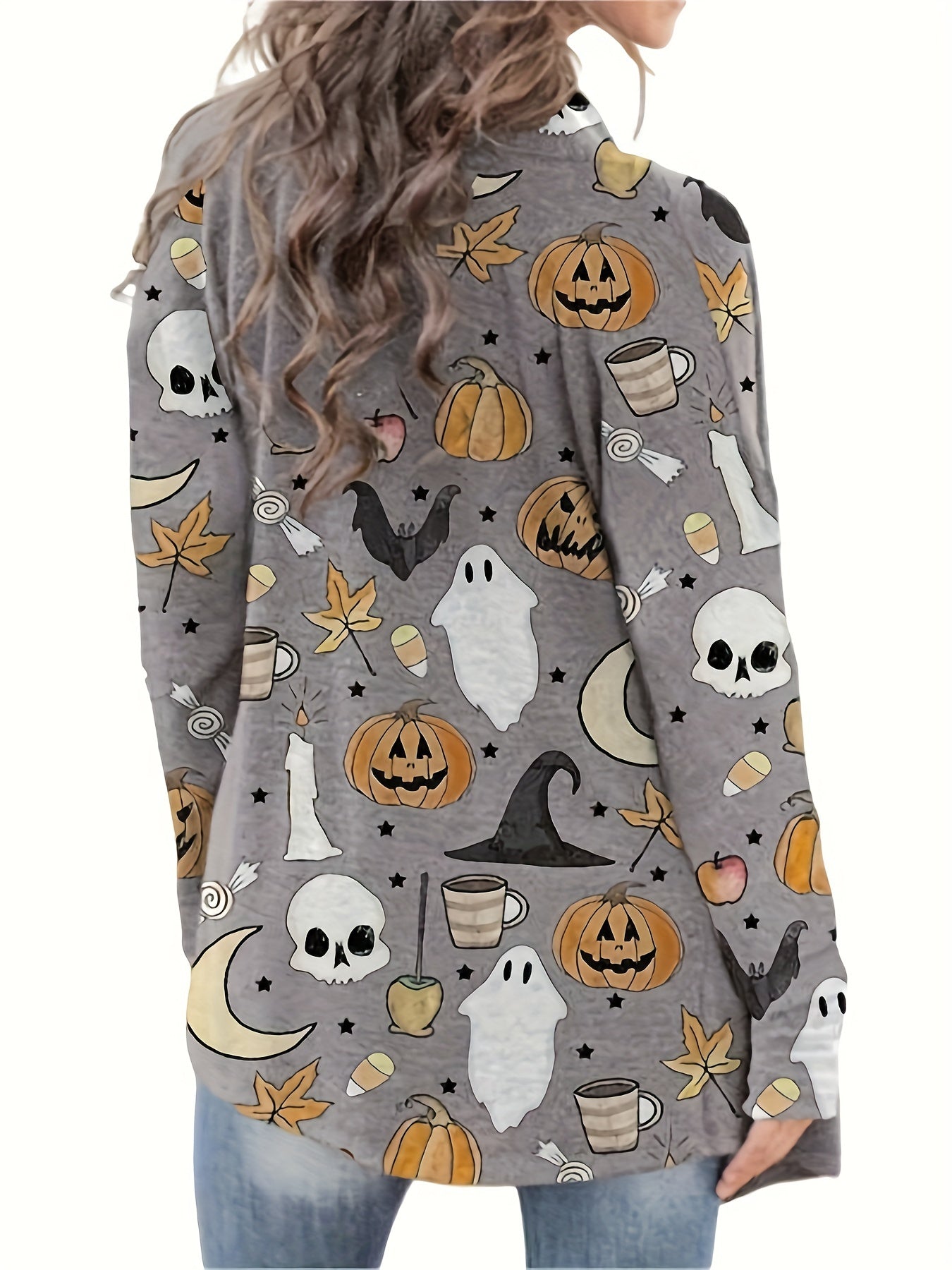 gbolsos Halloween Allover Print Cardigan, Open Front Long Sleeve Cardigan For Spring & Fall, Women's Clothing