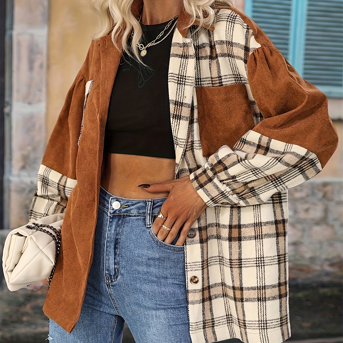 Plaid Pattern Splicing Jacket, Casual Button Front Long Sleeve Outerwear, Women's Clothing