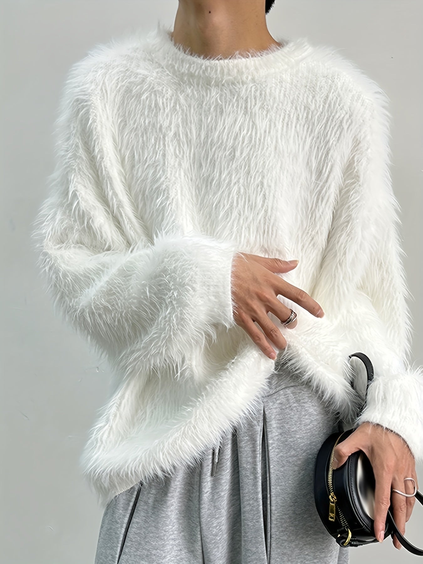gbolsos Men's Chic Fluffy Faux Fur Long Sleeve Sweater, Street Style Pullover Crew Neck Sweatshirt