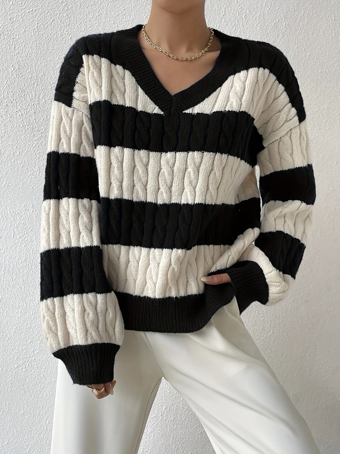 gbolsos Color Block Drop Shoulder Sweater, Casual Long Sleeve Sweater For Fall & Winter, Women's Clothing