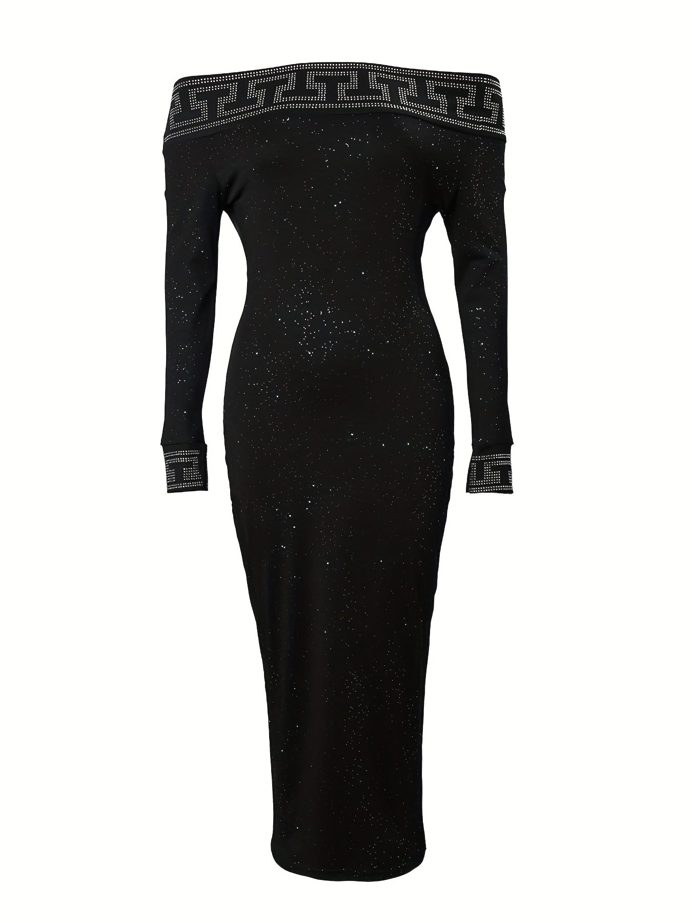 gbolsos Rhinestoned Off Shoulder Bodycon Dress, Elegant Long Sleeve Slim Dress For Party & Banquet, Women's Clothing