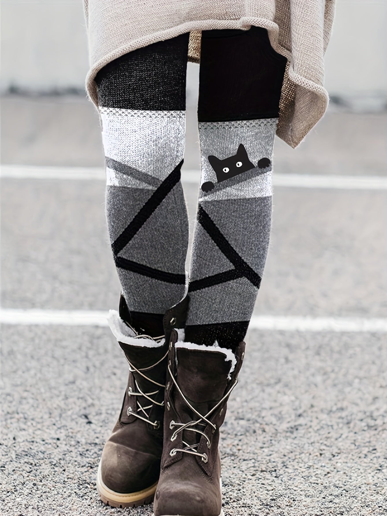 gbolsosCat & Stripe Print Skinny Leggings, Casual Every Day Stretchy Leggings, Women's Clothing