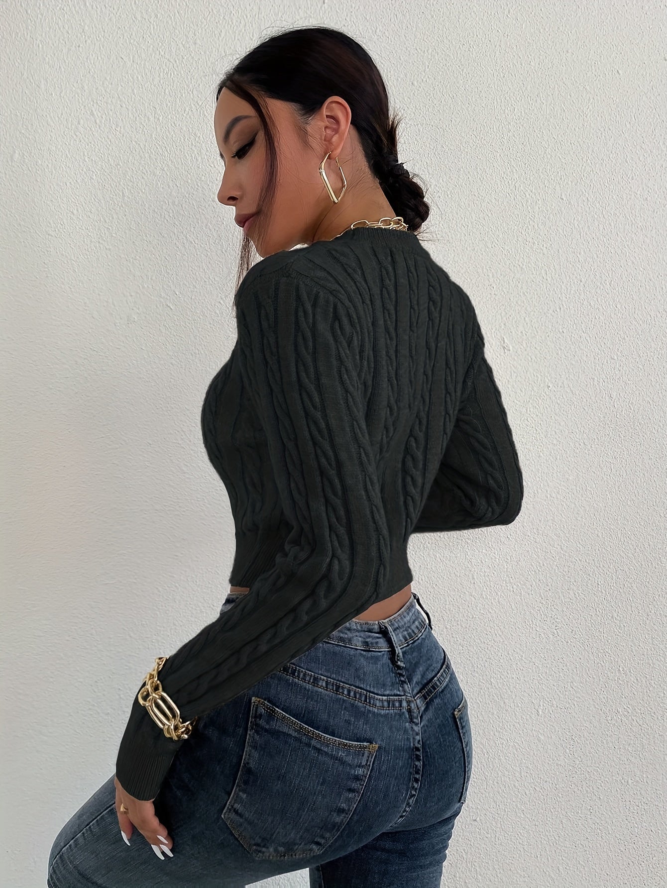 gbolsos Solid Crew Neck Cable Knit Sweater, Casual Long Sleeve Crop Slim Sweater, Women's Clothing