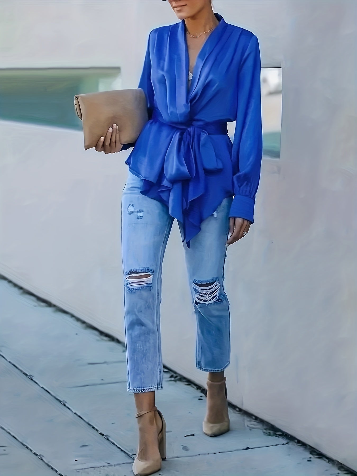 gbolsos Solid Ruched Belted Blouse, Casual Irregular Hem Long Sleeve Blouse For Spring & Fall, Women's Clothing