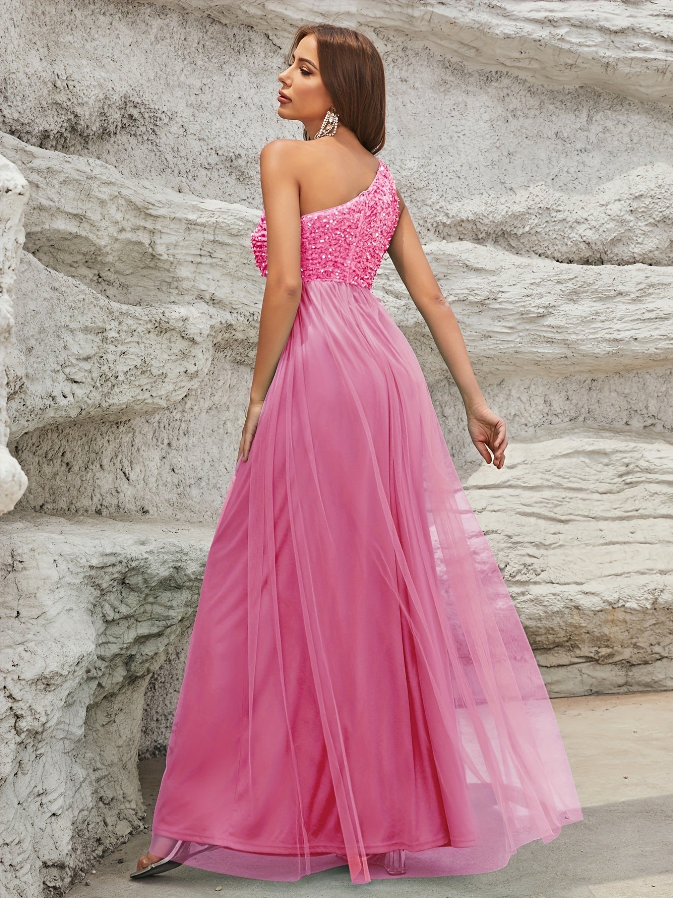 One Shoulder Sequin Dress, Elegant Sleeveless Dress For Party & Banquet, Women's Clothing